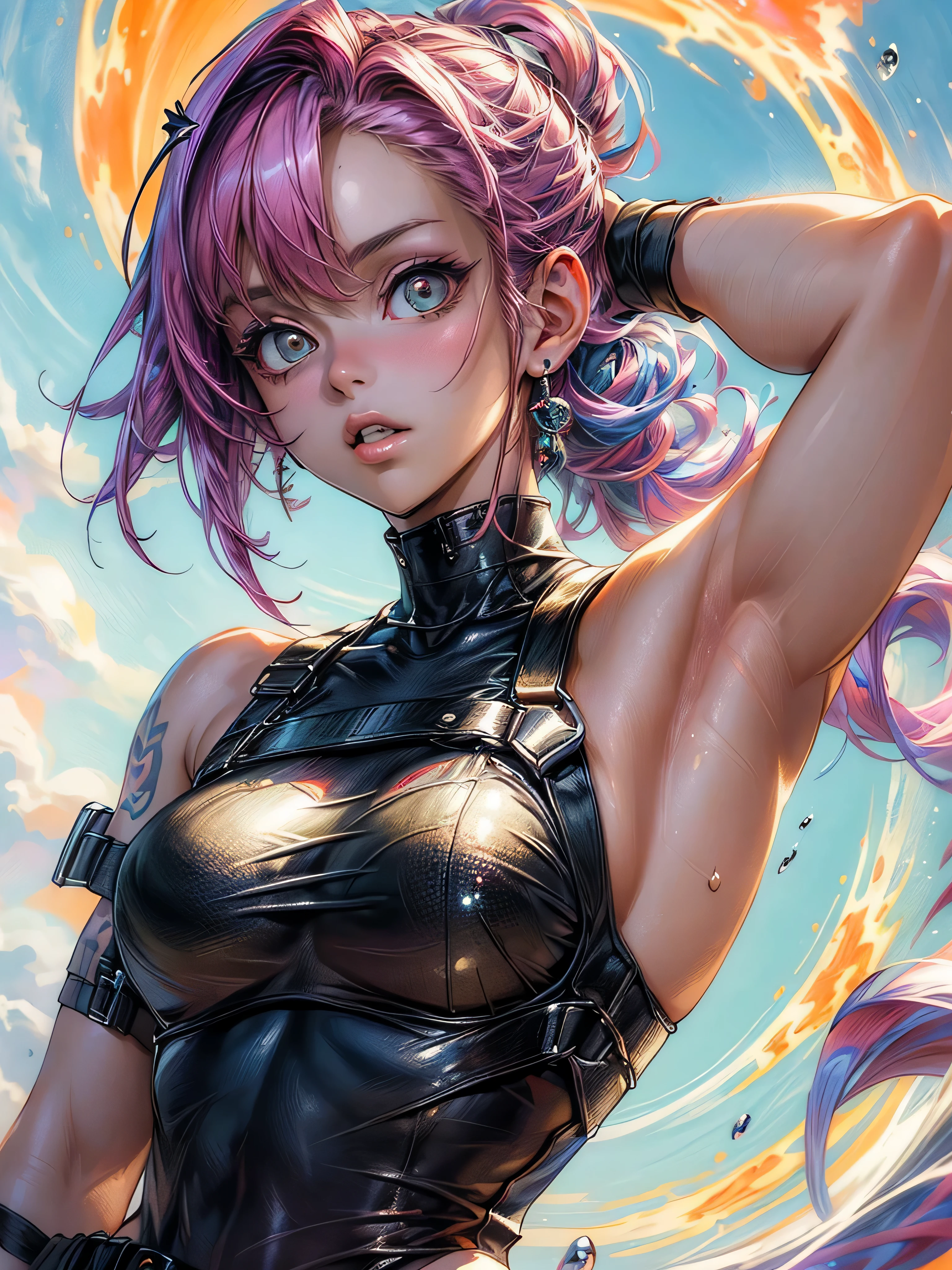(pink haired punk girl with mouse ears)), ((((mouse ears,mouse ears on head,big mouse ears)))),(Cute 18 year old punk girl),
(large breasts:1.4),((((pink hair, crazy punk hair)))),(((blue_eyes:1.3))),intricate eyes,beautiful detailed eyes,symmetrical eyes,big eyes:1.5(((lustrous skin:1.5,bright skin: 1.5,skin tanned,shiny skin,very shiny skin,shiny body,plastic glitter skin,exaggerated shiny skin,illuminated skin))),(spider lower abdomen,narrow waist,wide hip,athletic body,inflated legs,thick thighs,detailed body,(detailed face)),
cute,slutty,seductive,erotic,(nsfw),
((revealing clothing:1.5,show skin:1.5)),(punk fashion, tank tops, stylish makeup, body tattoos),
(dynamic pose:1.0),furrowed brow,(centered,scale to fit dimensions,Rule of thirds),
((Geothermal landscape with geysers, steam and vibrant colors)),((active geyser in fantasy land. Hot, steamy water rises around the fireplace, creating a surreal atmosphere. The terrain is rocky and volcanic, with green moss growing on the rocks. In the background you can see a field of inactive geysers and mountains.)),scenery:1.25,((intricate scenery)),
(Glossy punk ornaments),highres,sharp focus,(ultra detailed,extremely detailed),(photorealistic artwork:1.37),(extremely detailed CG unity 8k wallpaper),(((vibrant colors,vibrant theme))),(intricate),(masterpiece),(best quality),artistic photography,(photography taken by sldr),(intricate background),perfect rendered face,perfect face details,realistic face,photo realistic,((intricate detail)),(((realism))),