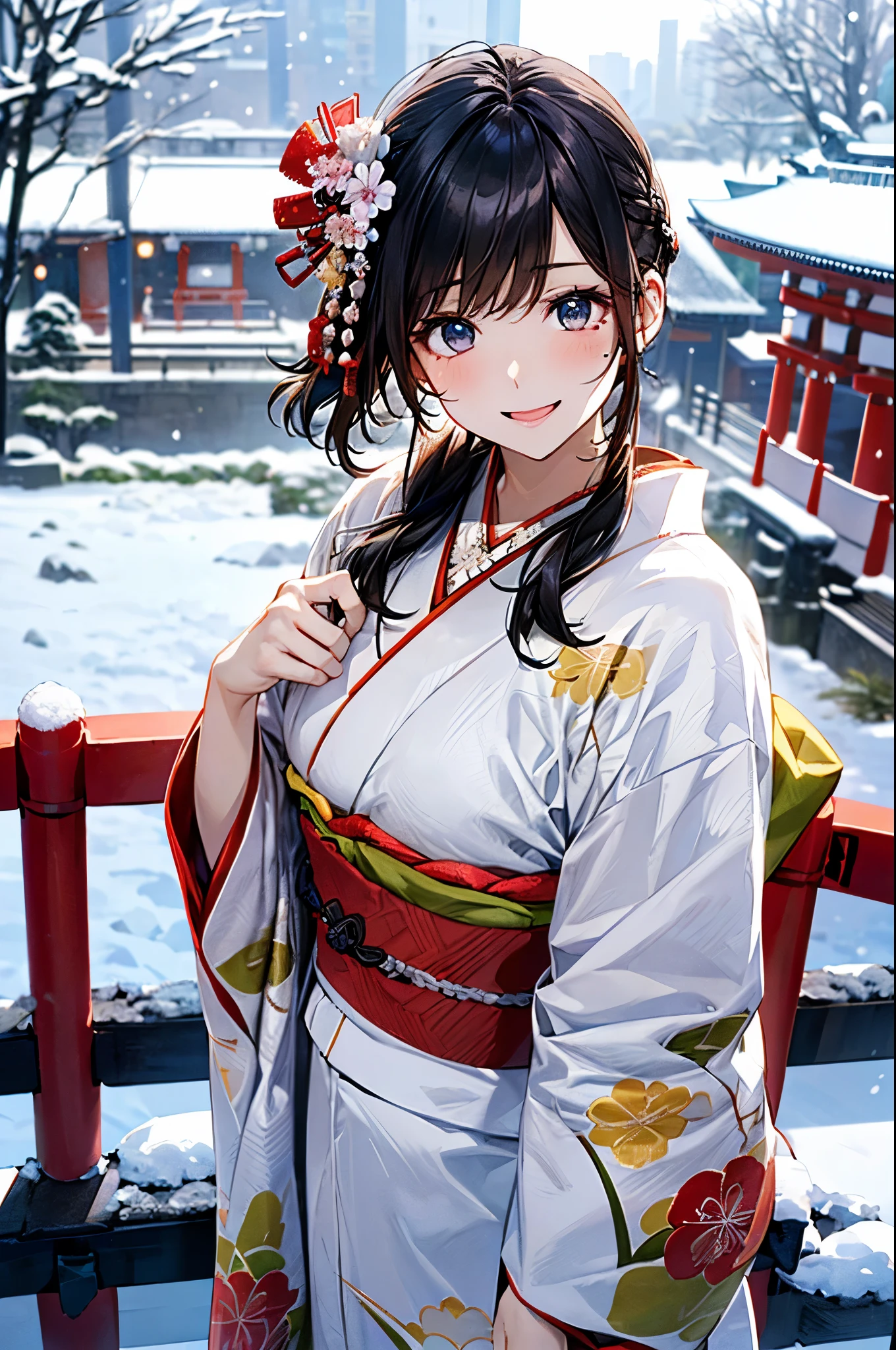 ((perfect anatomy, anatomically correct, super detailed skin)), 
1 girl, japanese, high school girl, shiny skin, large breasts:0.5, looking up, watching the view, 
beautiful hair, beautiful face, beautiful detailed eyes, (middle hair:1.5, japanese hair:1.5), black hair, blue eyes, babyface, mole under eye, 
((red floral kimono, hair ornament)), 
((smile:1.5, open your mouth wide)), walking, 
(beautiful scenery), winter, dawn, (new year's day, first visit), hokkaido, sapporo, outside hokkaido shrine, crowd, snow, snowfall:1.5, freezing weather, frost, 
(8k, top-quality, masterpiece​:1.2, extremely detailed), (photorealistic), beautiful illustration, natural lighting,