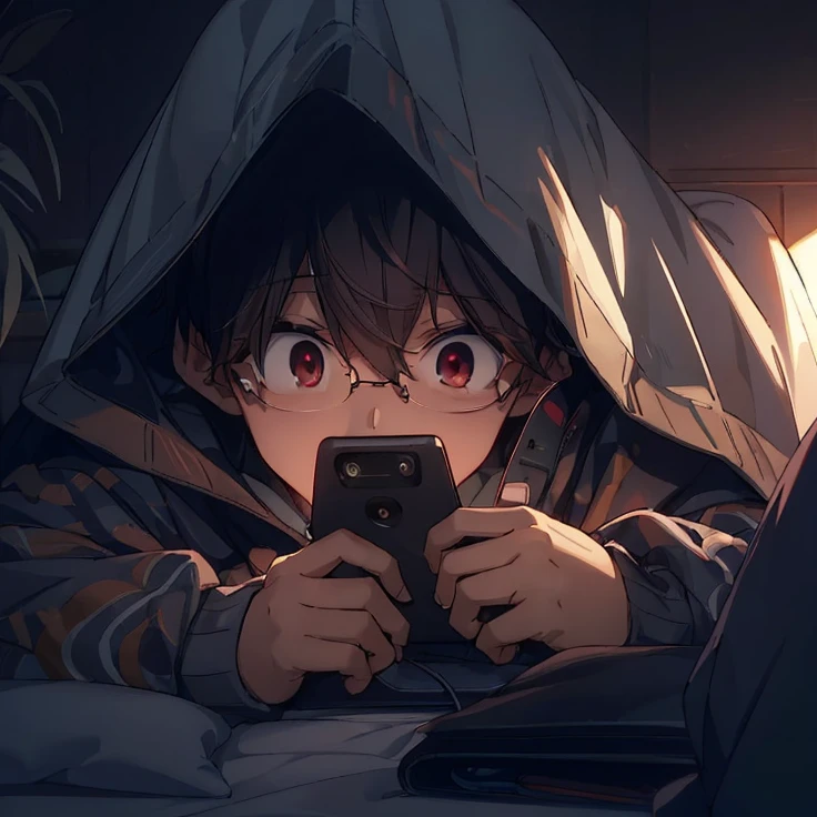 1boy, a person with red eyes and use glasses laying in bed looking at a cell phone with a hood on their head and a blanket over their head, computer art, anime art, a manga drawing