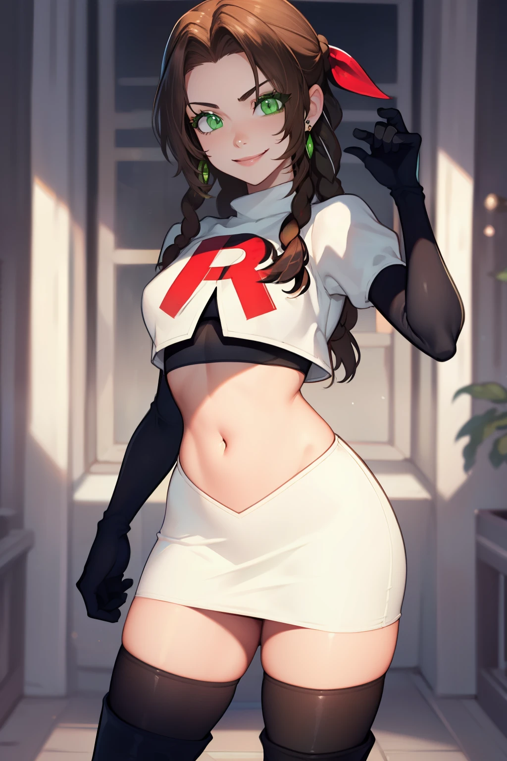 aerith gainsborough, green eyes ,glossy lips, light makeup, eye shadow, earrings ,team rocket,team rocket uniform, red letter R, white skirt,white crop top,black thigh-high boots, black elbow gloves, evil smile, sexy pose