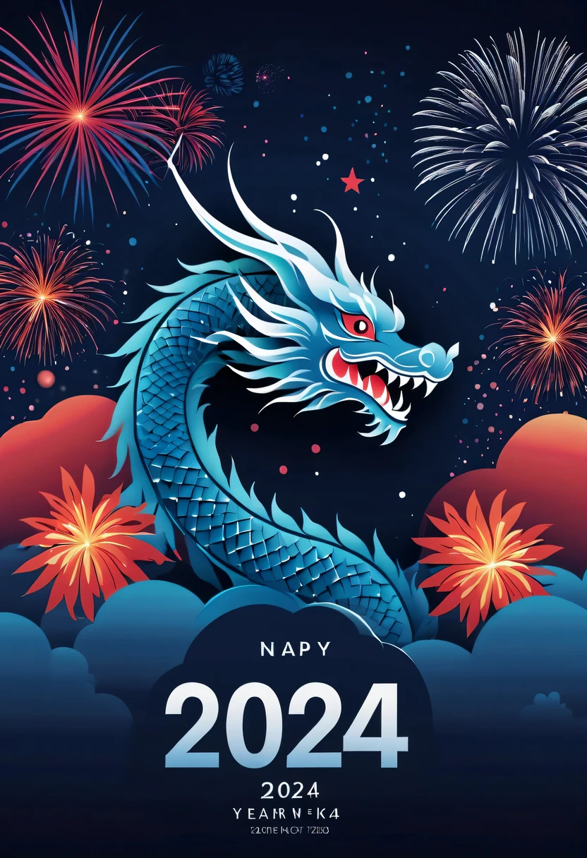 Holiday poster:(2024,new year poster),(new year&#39;New Year&#39;s Eve 2024), (fire works:1.2), nigh sky,chinesedragon,maximalist