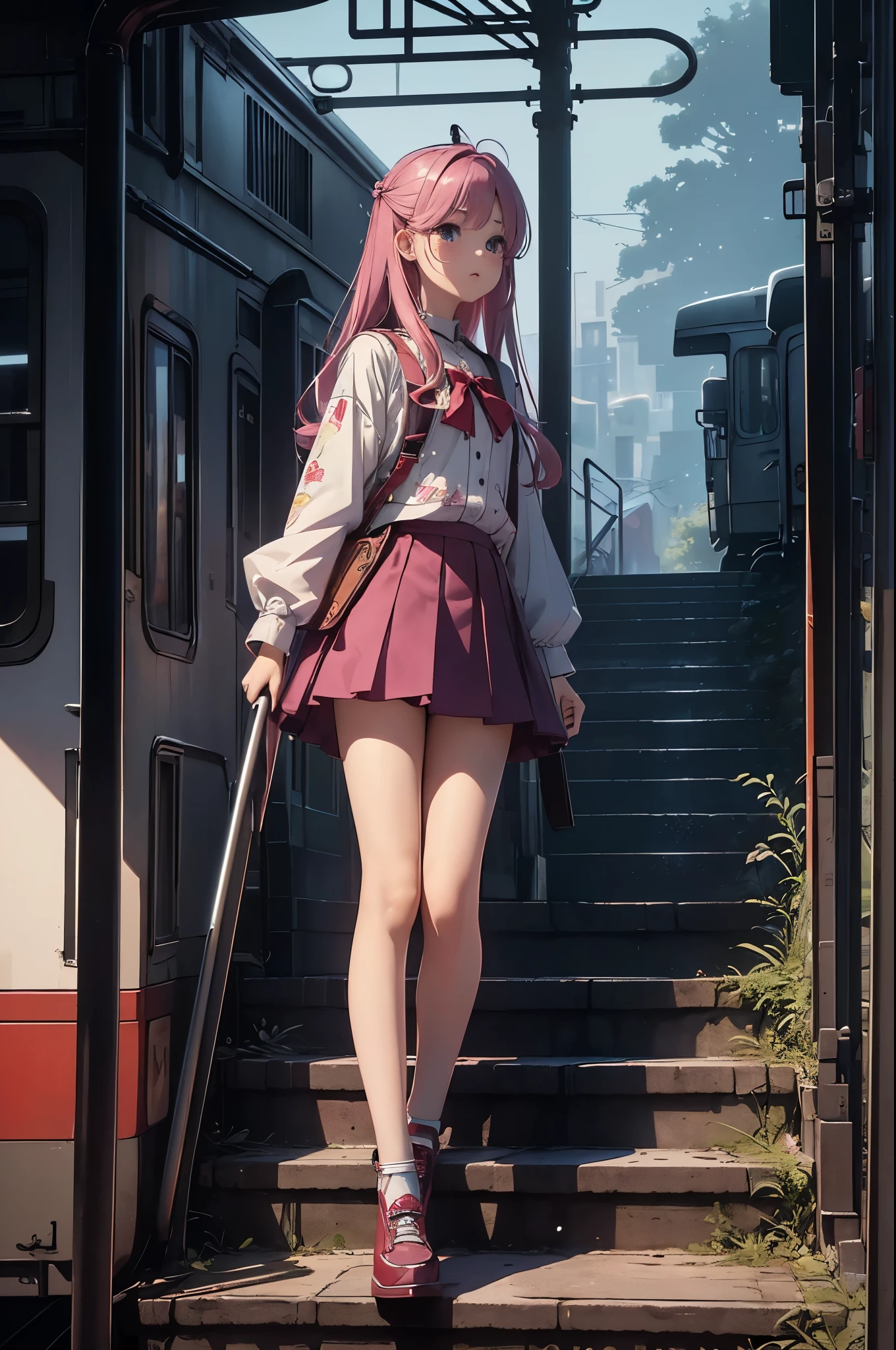 magenta tint、vivd colour、((tmasterpiece)))、(((quality)))、((ultra - detailed))、(Surreal)、(Very detailed CG illustration)、offcial art、CD cover、midsummer、The glorious 1980s、1 girl,Cool beauty、pretty eyes,incomparable beauty、Hair color、jaqueta de couro、Superskirt、student shoes,perfect angle、Perfectcomposition、(natta,staircase,trains,Yunxia),