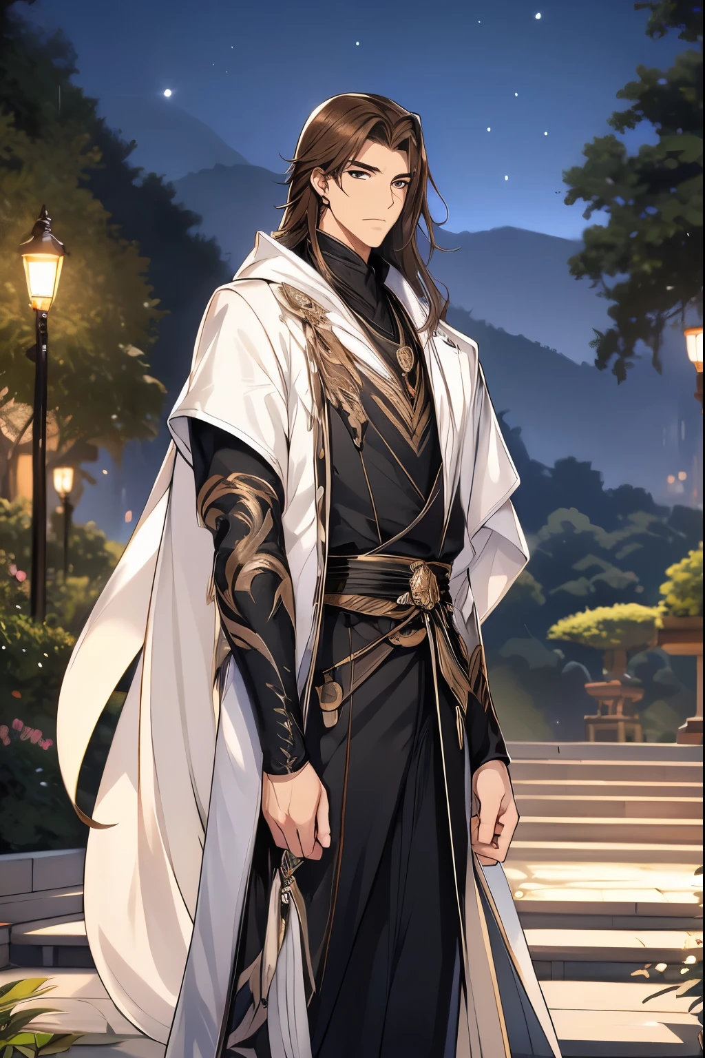 (Best quality at best,A high resolution,The image is clear:1.2),Ultra detailed backgrounds,Beautiful man standing holding sword，brunette color hair，Blackn clothes，this it，wind blowing through，Chinese hooded Hanfu，：1.5），Garden scene,under moonlight,waterfall man，Romantic atmosphere,Dutch Angle Shot,gentlesoftlighting,shelmet，Upper part of the body