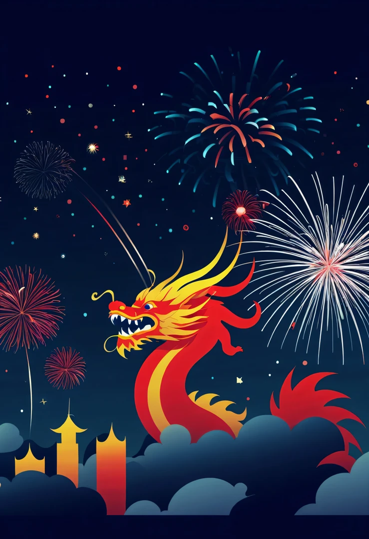 Holiday poster:(2024,new year poster),(new year'New Year's Eve 2024), (fire works:1.2), nigh sky,chinesedragon,maximalist