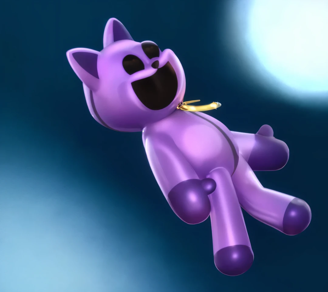 purple cat toy, glossy texture, smooth 3d model, multiple light sources, rim light, sharp post effects render, (glossy metallic texture with multiple big light probe refractions), perfect cgi, cgi art created only with gradients, smooth silhouette, high intencity refraction, (super glossy chrome material), most beautiful vfx, blue background,