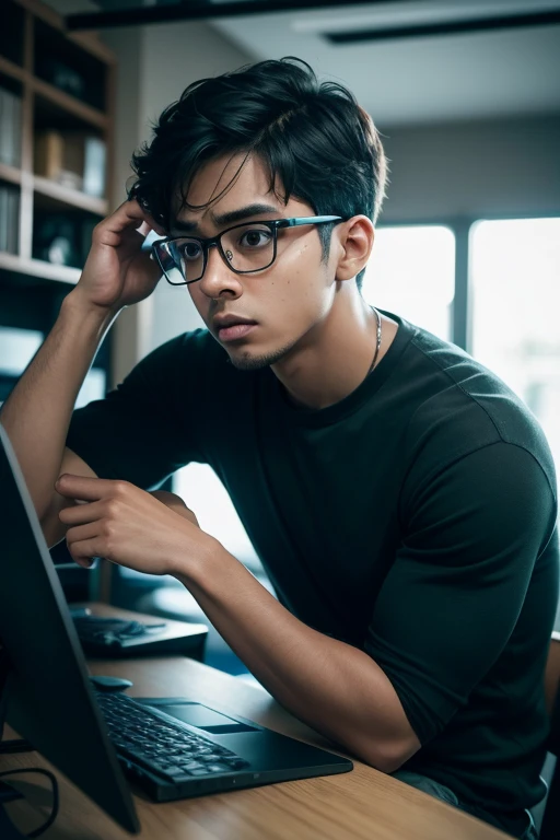 1boy, sitting, close up, brown skin, programmer, glasses, looking at the computer seriously, shocked, very scared, very worried, candid, in computer desk, black eyes, blue shirt, dark green garage, high res, ultrasharp, 8K, masterpiece