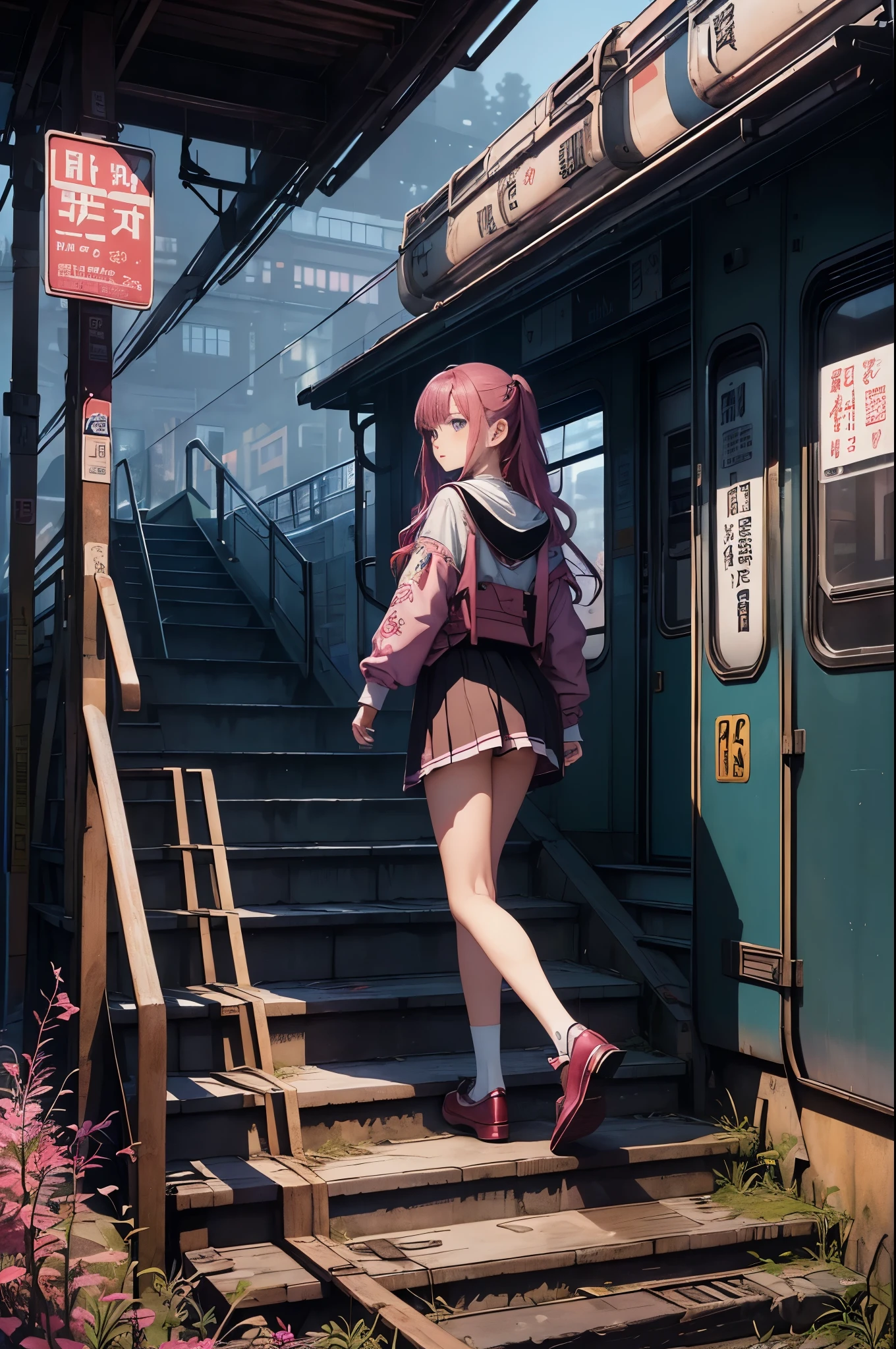 magenta tint、vivd colour、((tmasterpiece)))、(((quality)))、((ultra - detailed))、(Surreal)、(Very detailed CG illustration）、offcial art、CD cover、midsummer、The glorious 1980s、1 girl，Cool beauty、pretty eyes，incomparable beauty、Hair color、jaqueta de couro、Superskirt、student shoes，perfect angle、Perfectcomposition、(natta，staircase，trains，Yunxia)，