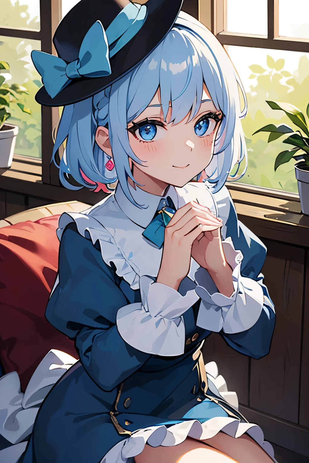1girl, solo, looking at viewer, blush, smile, short hair, bangs, blue eyes, shirt, long sleeves, hat, bow, holding, hair between eyes, jewelry, sitting, blue hair, white hair, multicolored hair, earrings, puffy sleeves, indoors, two-tone hair, cup, streaked hair, sleeves past wrists, hands up, eyelashes, window, black headwear, leaf, crossed legs, own hands together, plant, brooch, hat bow, gem, blue headwear, backlighting, teacup, top hat, covering mouth, covered mouth, blue gemstone