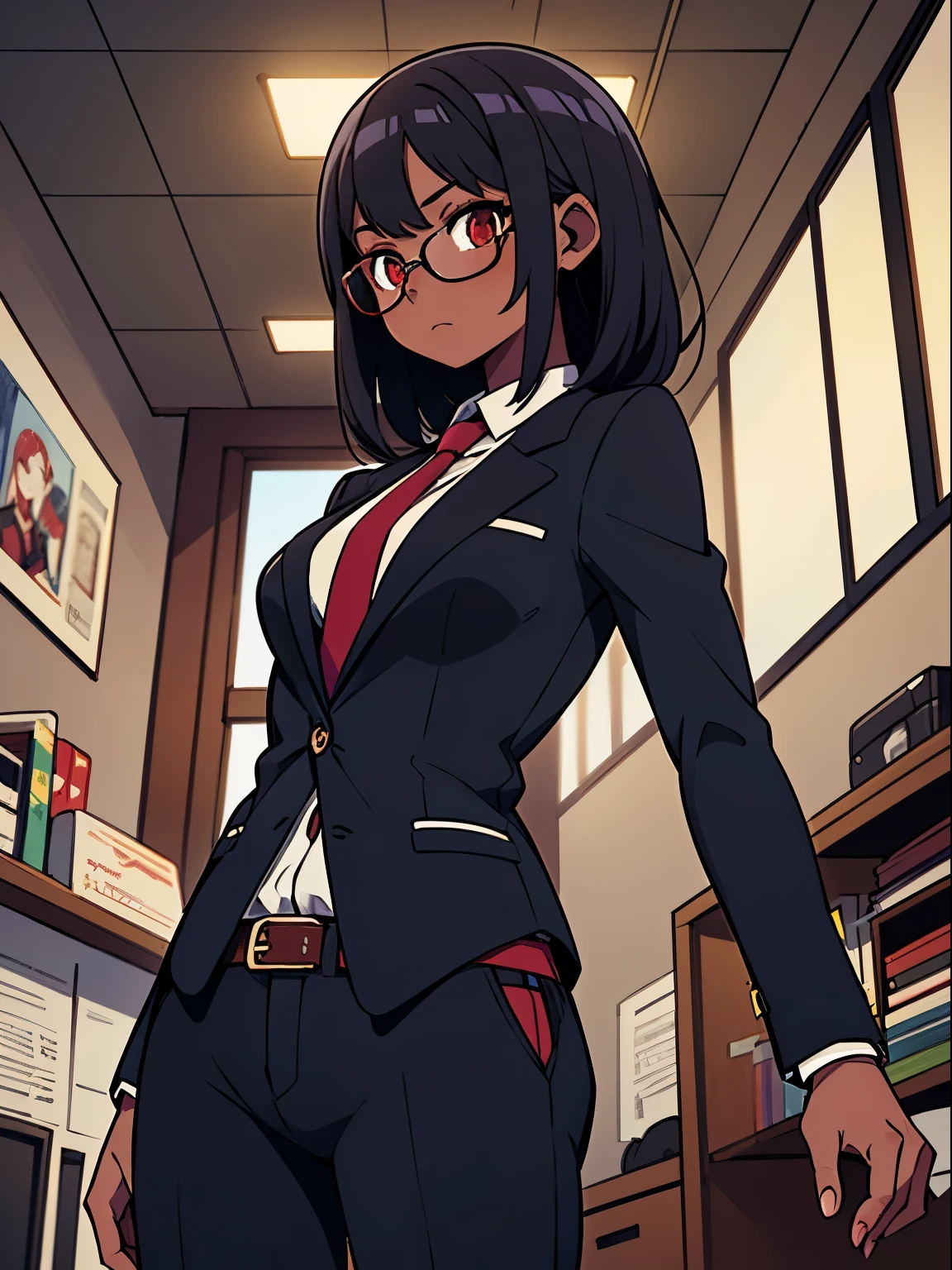 1 woman,1 beautiful woman,suit,posing,dark skin,cool,cool face,straight hair,black hair,crimson eyes,from below,indoors,glasses,tie,belt,anime style,masterpiece, extremely fine and beautiful,Russian