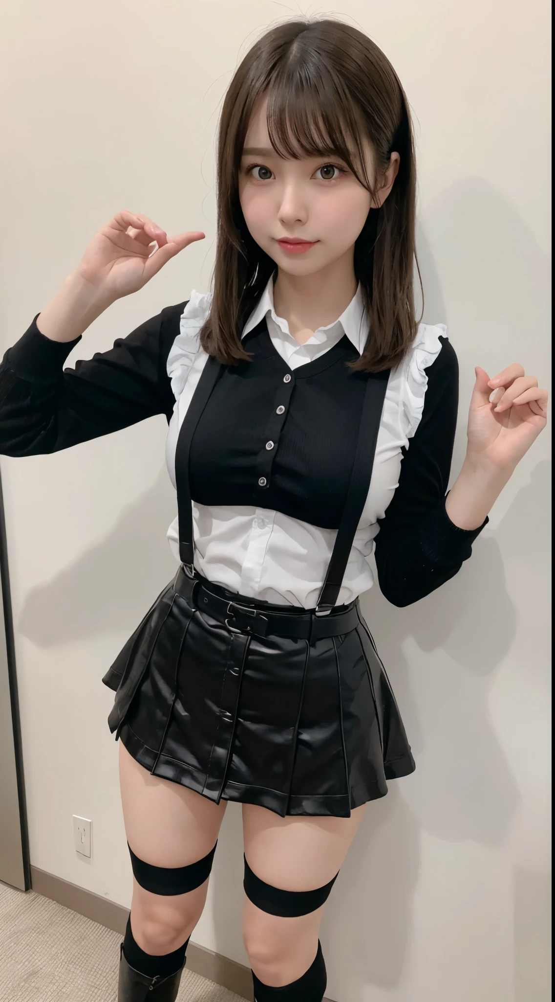 Brown hair、watching at viewers suspenders big breasts Black miniskirt garterbelts knee high socks Gaze Small face bangss Beautuful Women hands up Gaze Black boots Armpit sweat soio Fold your hands behind your back Belt Shirt teats