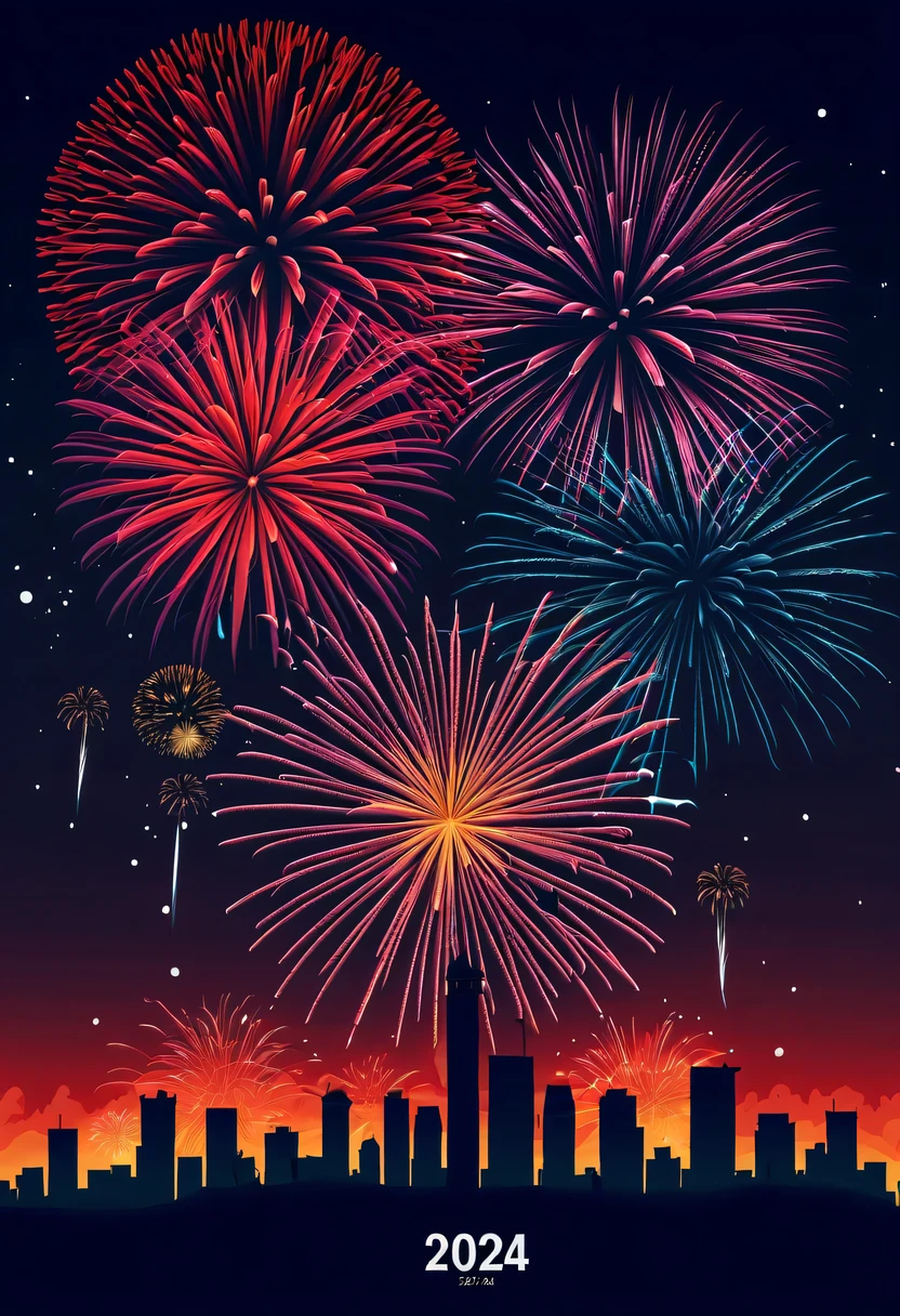Holiday poster:(2024,new year poster),(new year'New Year's Eve 2024), (fire works:1.2), nigh sky,chinesedragon,maximalist