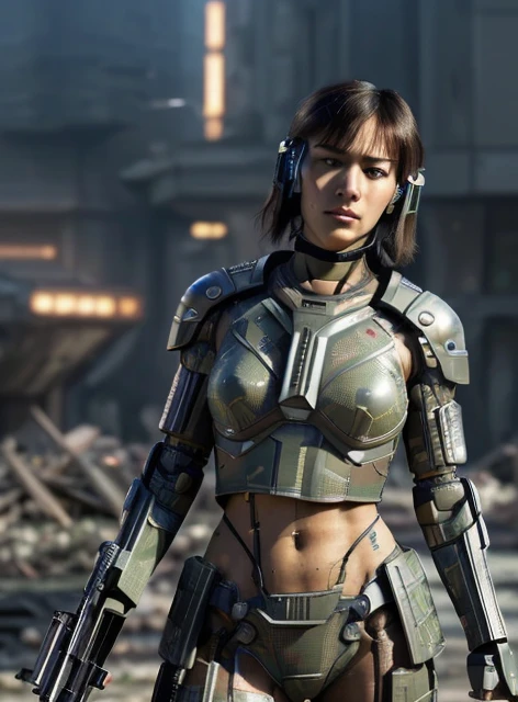 extremely detailed CG Unity 16K wallpaper, (raw photography, realistic:1.2), (professional photo, photorealistic:1.3), cinematic lighting, depth of filed, sharp focus, (cyberpunk:1.4), ultra high res, (perfect anatomy:1.5), realistic skin texture, intricately detailed face, 1 girl, ((female soldier:1.4)), ((cyborg:1.2)), solo, (from front view:1.5), cowboy shot, looking at viewer, short hair, black hair, fairly detailed skin, oil, tan, bright eyes, dark eyes, highly detailed nose and lips, expressionless, taking cover, ((holding 1 large baster rifle and firing the blaster rifle:1.5)), ((camouflaged, combat uniform:1.4)), (((armored body, partially mechanical body:1.5))), ((slender, medium breast:1.3)), (((outdoor, evening, futuristic city, destroyed buildings, ruins:1.4)))