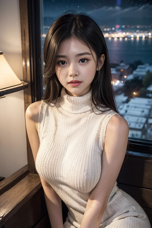 (((white sleeveless turtleneck knit dress:1.2)))、(An innocent and elegant Japanese girl)、(cowboy  shot:1.2)、(focus on face and breasts)、huge tit、(Office by the window:1.2)、(((night view at night:1.4)))、((Are sleeping:1.2))、From  above、(Layered Hair Style、brown haired、Medium long hair)、Highly detailed facial and skin texture、A detailed eye、二重まぶた、pale cheeks、shinny skin、shiny lip:1.4、fair white skin:1.2、