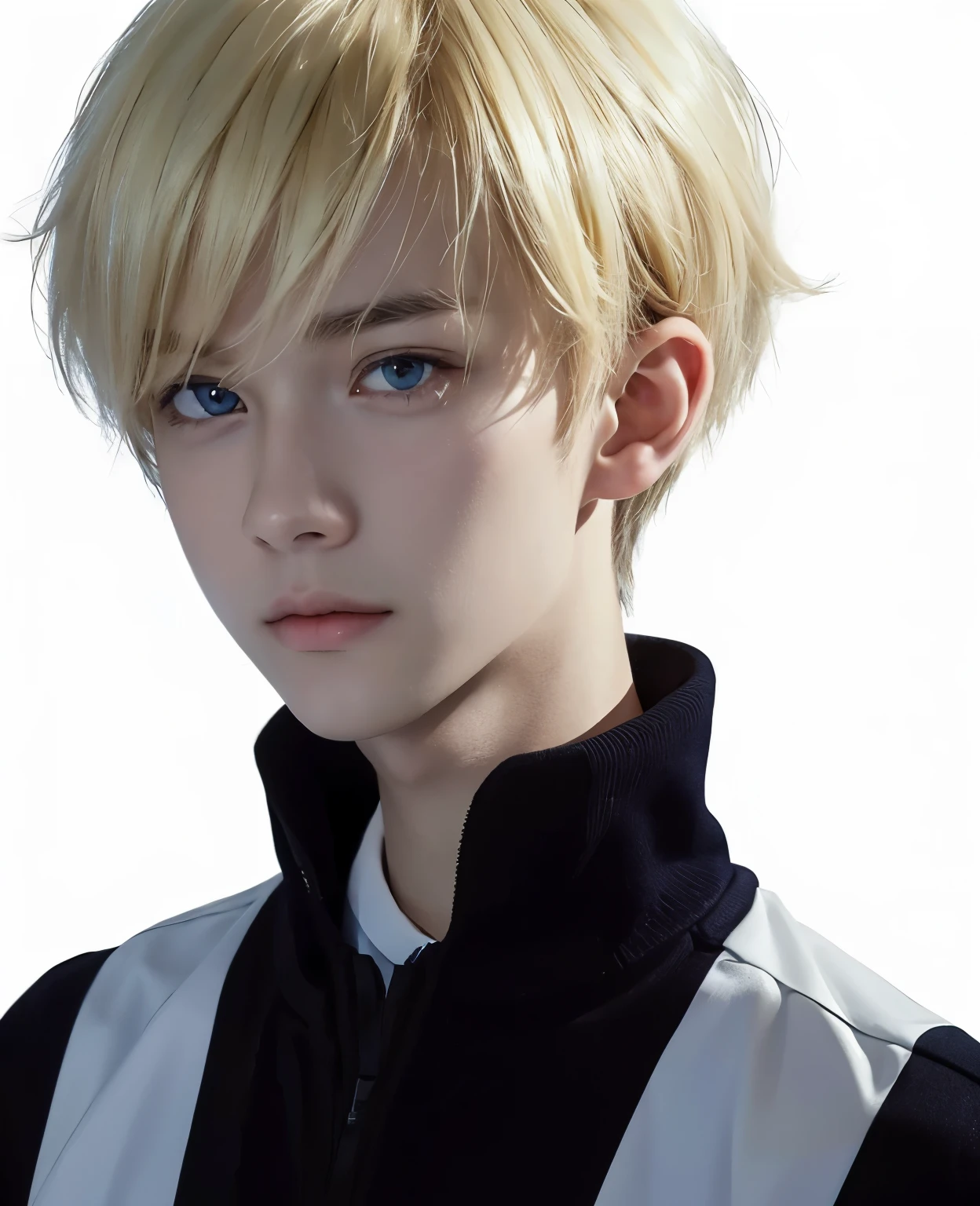 A age boy with realistic blonde hair, (same realistic hairstyle), realistic handsome face, realistic cool expression, adapt the same realistic clothes,realistic light, realistic shadows, realistic background, good image quality, very good image results, 4k, ultra detailed, realistic