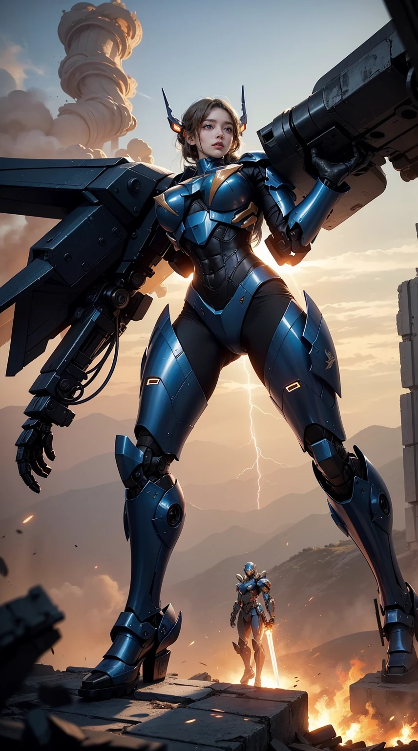 (Best quality,Masterpiece:1.2, Dynamic Angle, Ultra-detailed),NSFW, Full body shot of a towering mech girl,Majestic chrome mech warrior with glowing blue eyes,Powerful hydraulic limbs and smooth armor,Strong and confident,Girls have big breasts,The seductive face is shy,The body is facing the audience,public humiliation ,squatt,Hands on the ground,In a vast post-apocalyptic landscape,Scattered ruins and debris surrounded her,Billowing dust was generated under her metal feet,Mech armor that reflects the sun's rays,Casting a beautiful golden glow,The background is filled with dramatic clouds and broken remnants of the city,The colors of the setting sun paint the sky fiery orange and deep purple,Lightning illuminated the ominous clouds,Huge energy sword,Flashing bright blue light,Sparks and cracklings,The mech's fists clenched,As if ready for battle,The strength and determination that radiates from her,Capture the scene before the conflict,Tentacles,A mecha girl with transparent tentacles wrapped around her body,Be red in the face,salama,Lightning effects