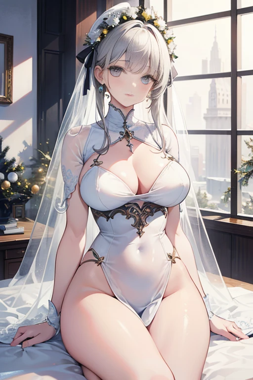 Best quality at best, Photorealistic masterpiece, A high resolution,, 1 girl, Large size, Sexy to the extreme, Light as yarn (ssee-through), Large hollow transparent, Beautiful and delicate face, (body) perfect slim figure (The slip off: 0.5), Perfect for snow-white skin ,christmas