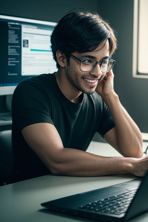 1boy, sitting, close up, brown skin, programmer, glasses, looking at the computer seriously, laughing out loud, candid, in computer desk, black eyes, blue shirt, dark green garage, high res, ultrasharp, 8K, masterpiece