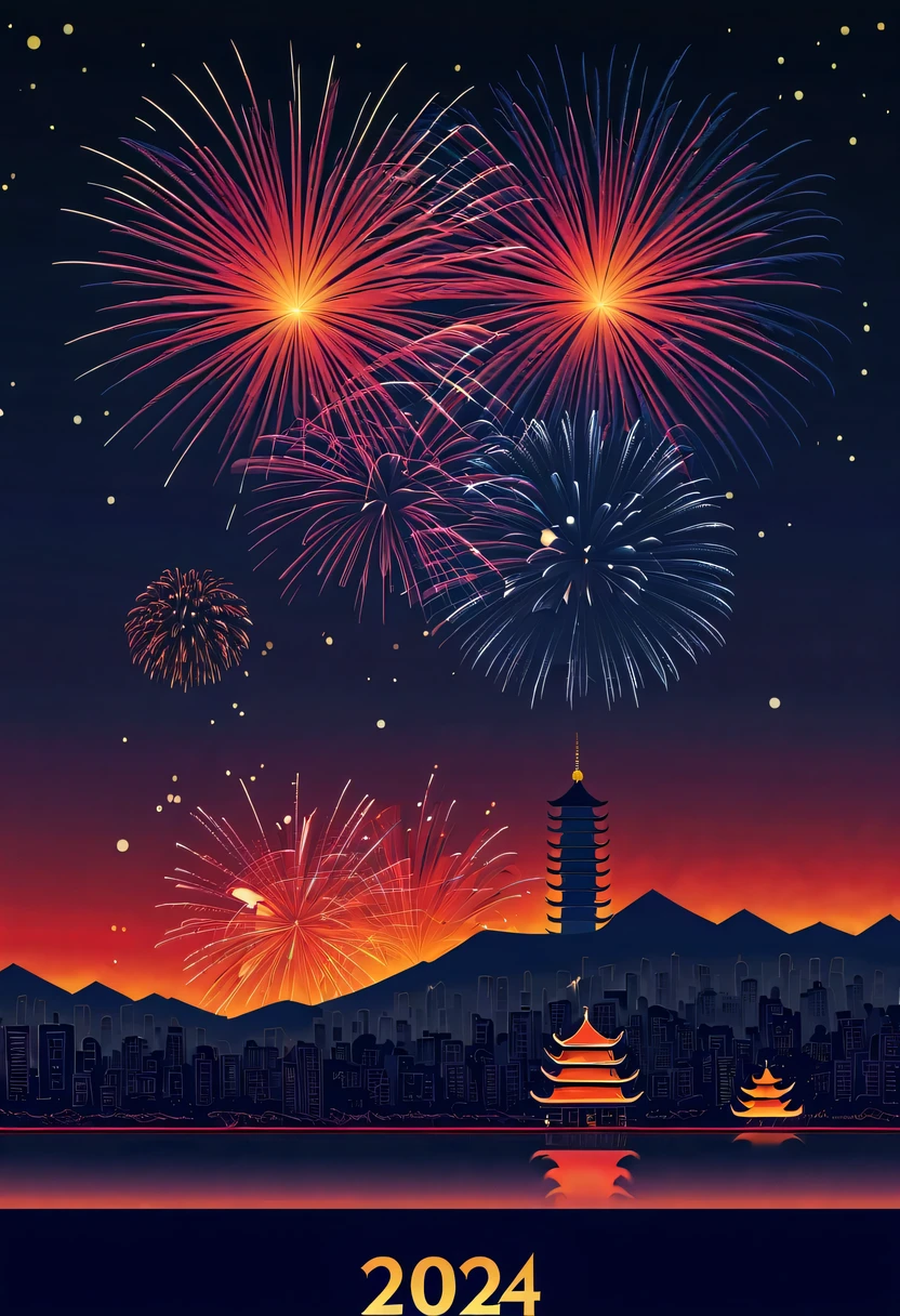 Holiday poster:(2024,new year poster),(new year'New Year's Eve 2024), (fire works:1.2), nigh sky,chinesedragon,maximalist