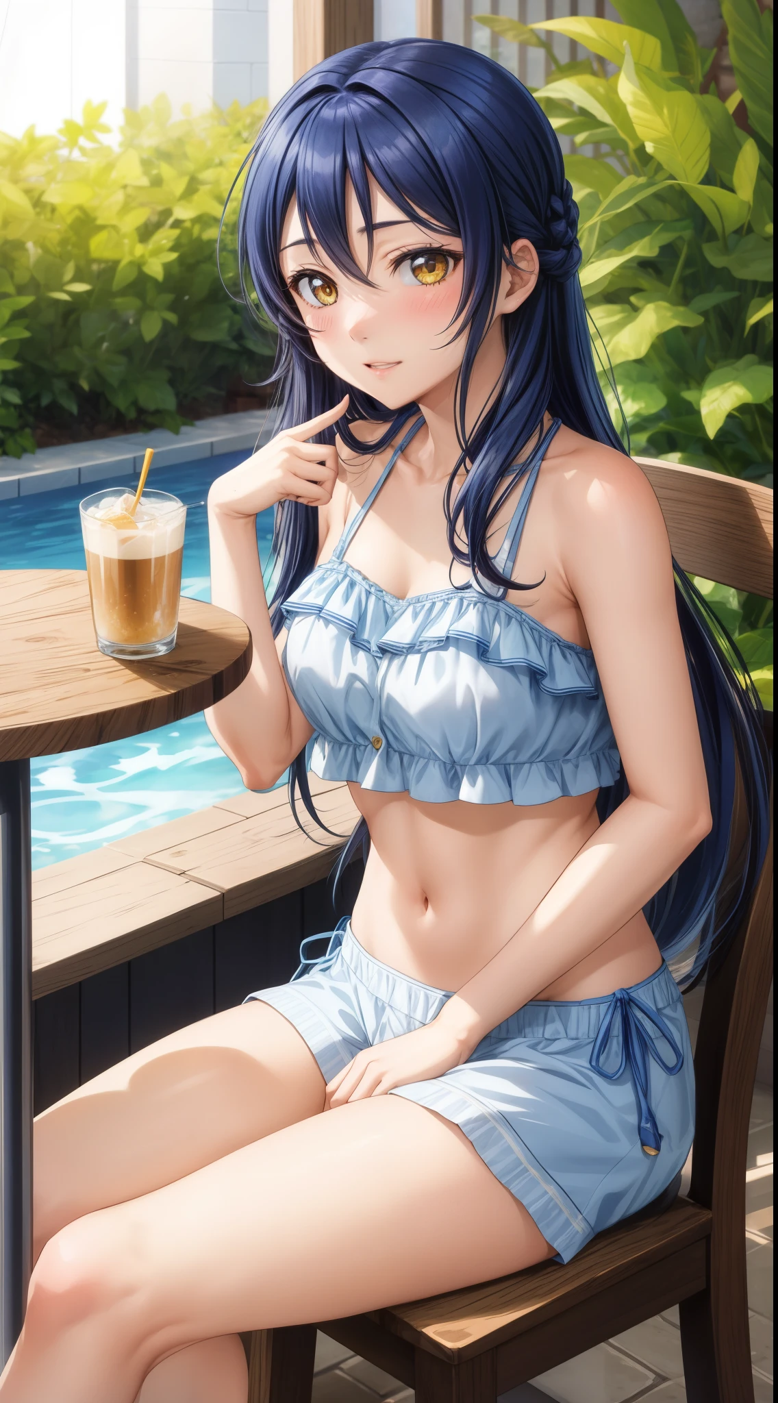 ((highest quality)), ((masterpiece)), (detailed), One girl, Blue Bra, String Panties,Bedroom at home,Removing the bra hook