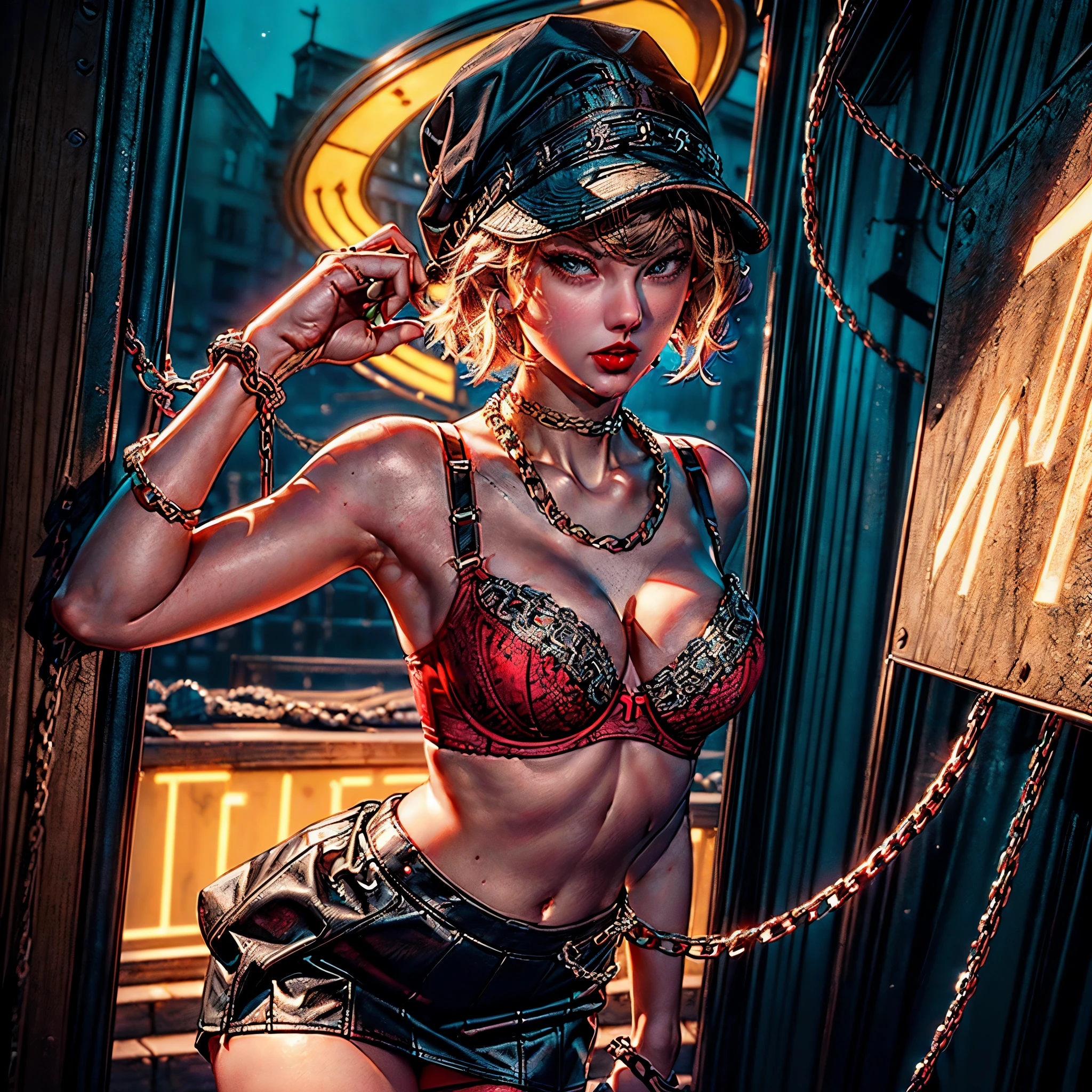 Taylor Swift (Obra maestra:1.3), Ultra detallado, ultra-high-resolution, (realista, Foto realista:1.37), Foto en color RAW de alto detalle, cinematiclight, Destello de lente, profesional photography, (proporciones perfectas), (Anatomically correct), ((Ver el visor)), (hombros expuestos), Una foto de ((Taylor Swift, 28 years old)), con cuerpo perfecto, Rostro muy delicado y ojos detallados, (light brown short hair:1.5), (maquillaje ligero:1.5, (red lipstik:1.8), delineador), (pechos llenos:1.5), Pale skin, ((Taylor Swift)), ((Dressed in a slave bra with chains:1.68)), ((Correa de cadena:1.51)), ((pechos cubiertos por una cota de malla sexy:1.5)), ((Blanco, negro: Latex pants, Ultra Detailed Layered Chain Pant)), (cintura estrecha:1.2), (mediano), ((Blanquea la piel, cara delgadientre delgado: 1.2, (muy delgado, Cuerpo bien musculado:1.32), ((Cara ultra detallada)), The attention to detail, 二重まぶた, (erotic:1.5), Smile of satisfaction, Gorgeous appearance, Aspecto electrizante, ((Disparo de vaquero)), (dynamic pose: 1.3), ((Noche de la ciudad), (neon sign), (Noche), andante), (Taylor Swift:1.4),(manos detailed ) ,(miniskirt amarillo plisada:1.4), ((Las proporciones correctas)), panties blue, pantimedias white,,More enhanced detailed.motor irreal:1.4,UHD,La mejor calidad:1.4, fotorrealista:1.4, textura de la piel:1.4, obra maestra:1.8,obra-prima, mejor calidad,objeto Objeto], (detailed face features:1.3) naked nsfw varies multi etc. --s 1000 --c 20 --q 20 --chaos 100