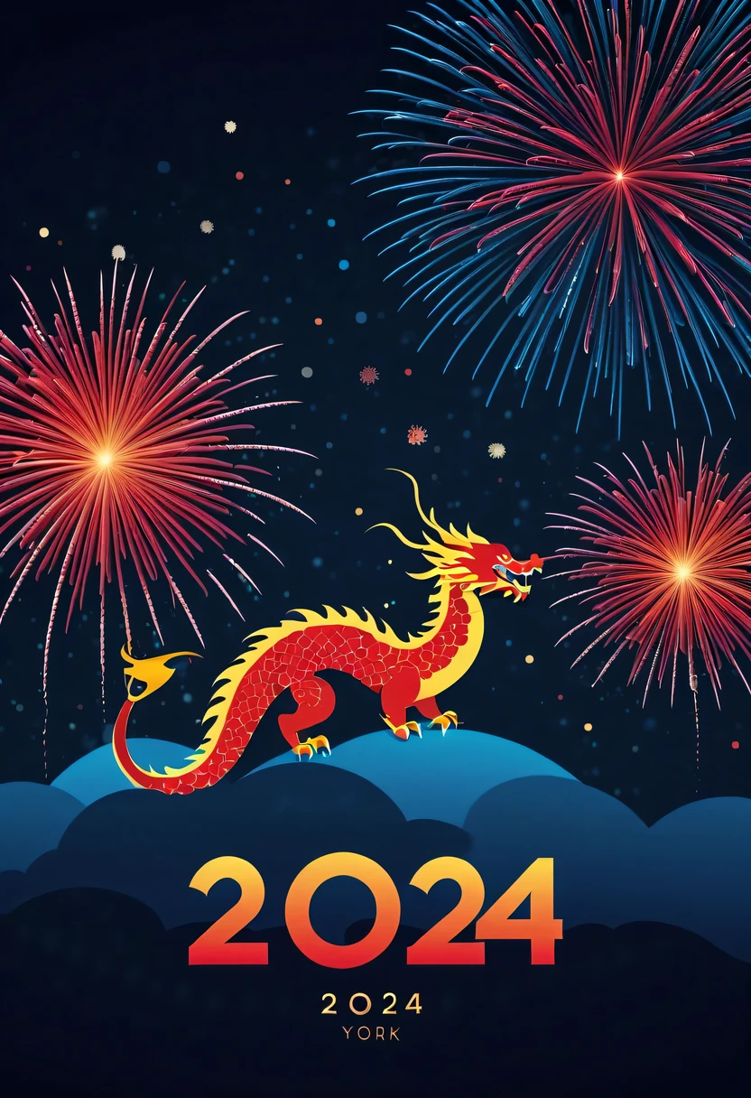Holiday poster:(2024,new year poster),(new year'New Year's Eve 2024), (fire works:1.2), nigh sky,chinesedragon,maximalist