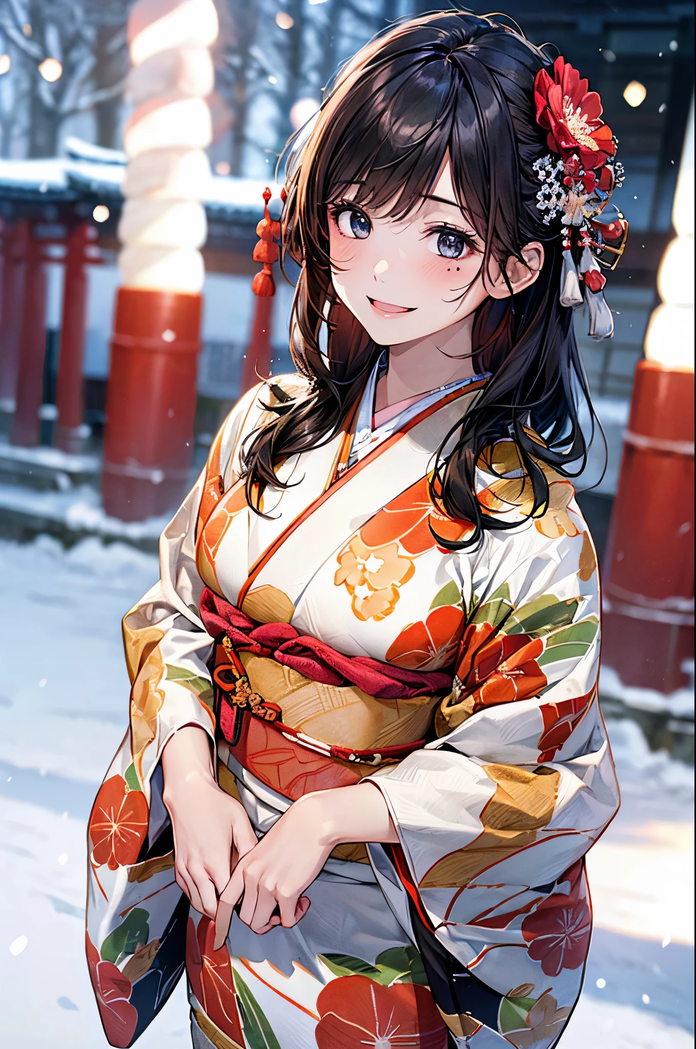 ((perfect anatomy, anatomically correct, super detailed skin)),
1 girl, japanese, high school girl, shiny skin, large breasts:0.5, looking up, watching the view,
beautiful hair, beautiful face, beautiful detailed eyes, (middle hair:1.5, japanese hair:1.5), black hair, blue eyes, babyface, mole under eye,
(((red floral kimono), hair ornament)),
((smile:1.5, open your mouth wide)), walking,
(beautiful scenery), winter, dawn, (new year's day, first visit), hokkaido, sapporo, outside hokkaido shrine, crowd, snow, snowfall:1.5, freezing weather, frost,
(8k, top-quality, masterpiece:1.2, extremely detailed), (photorealistic), beautiful illustration, natural lighting,