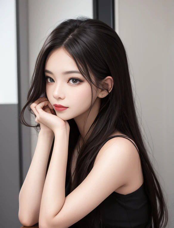 Masterpiece, best picture quality, high quality, beautiful woman, Japanese, popular Korean makeup, detailed, swollen eyes, detailed eyes, detailed skin, beautiful skin, ultra high resolution, (reality: 1.4),very beautiful, slightly younger face, beautiful skin, slender, (ultra realistic), (illustration), (high resolution), (8K), (very detailed) (best illustration), (beautifully detailed eyes), (super detailed), (wallpaper), (detailed face), looking at viewer, fine detail, detailed face, pureerosfaceace_v1, smiling, looking straight ahead, looking straight ahead, angle from waist up, realistic photo, bright lighting, professional lighting, black hair (some green), long hair, dark ruins, big red moon, gorgeous red and black dress, mature woman, long stylish bangs,