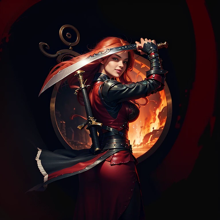 Girl with voluminous long red hair, red attire, sword in hand, sheath on back, smiling, beautiful, sexy, perfect proportions, 8k, sword with dragon design, side view of body