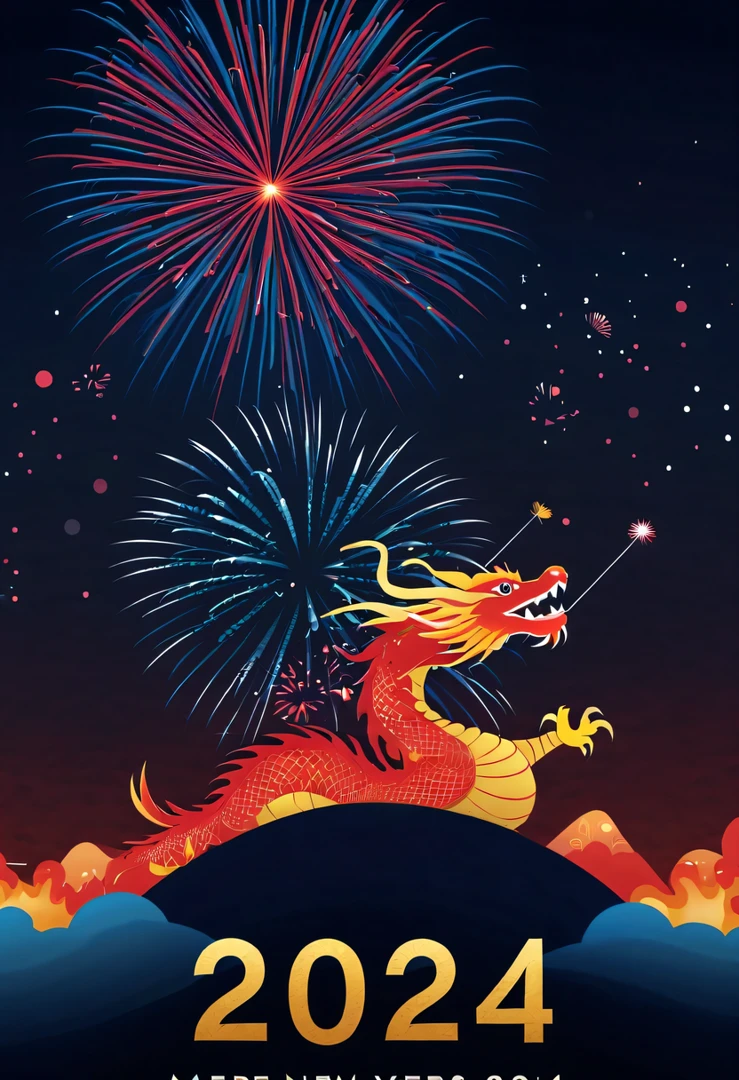 Holiday poster:(2024,new year poster),(new year&#39;New Year&#39;s Eve 2024), (fire works:1.2), nigh sky,chinesedragon,maximalist