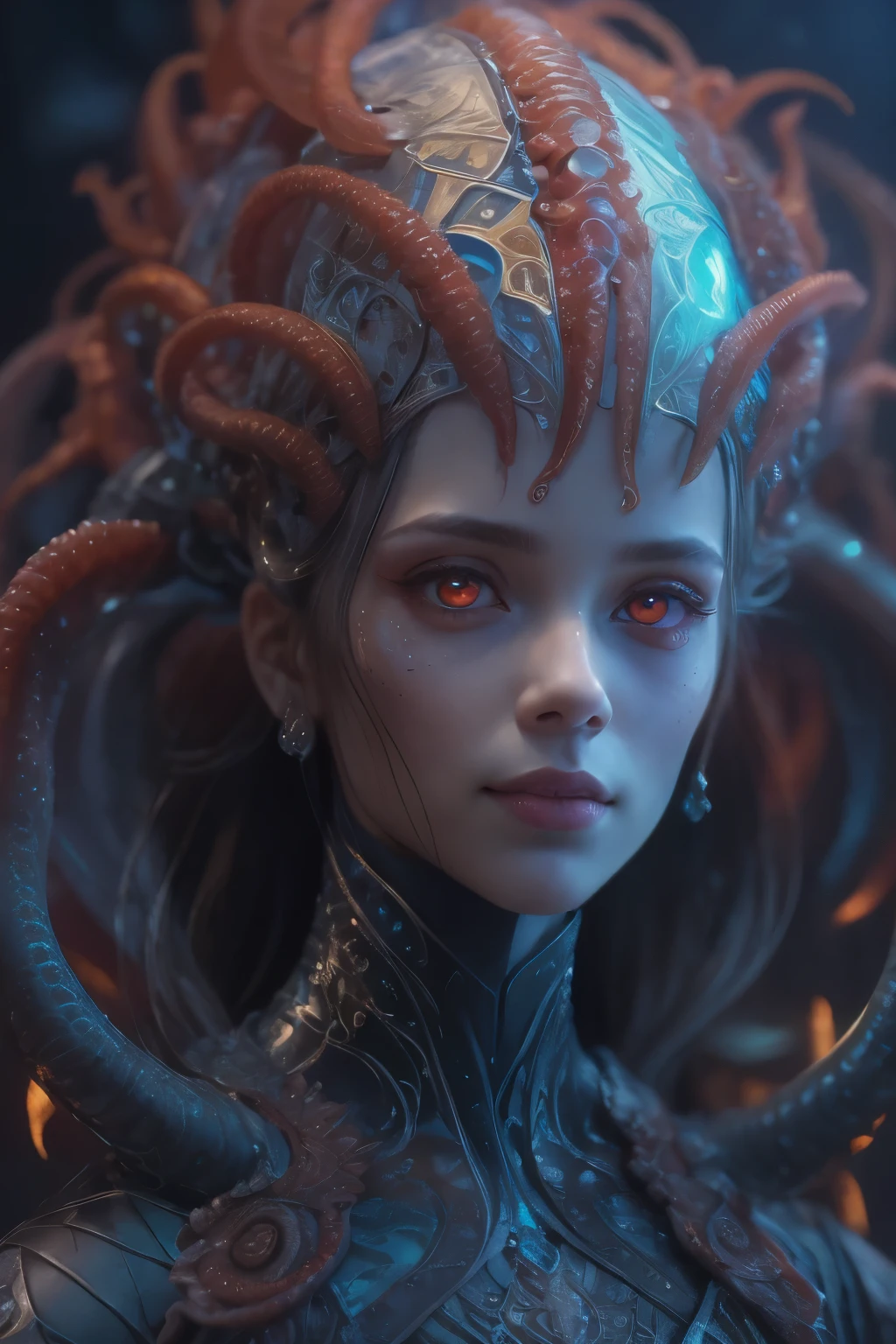 Portrait, (1 beautiful female alien:1.2), (There is a female genital-like organ in the middle of the forehead:1.8), (The most beautiful face in the history of the universe:1.2), (Scarlet eyes that shine mysteriously:1.6), (Translucent skin:1.8), an evil gaze that seduces, (red eyes:1.5), (large mouth:1.1), sharp teeth like a shark, Full body like, (bio luminescent:1.2), (Smile wickedly:1.3), (sexypose:1.5), alien, No humans, cells are fused, (Lots of translucent tentacles:1.1) (Translucent skin:1.3), extraterrestrial, cell, bio image, Best Quality, 8K,4K_quality, High Definition, Dramatic Lighting, masutepiece:1.5,cinematic quality, detail up, (Intricate details:1.2), High resolution, High Definition, drawing faithfully, (Thick eyebrows:1.2), Beautiful eyes with fine symmetry, (Ultra detailed eyes:1.2),(Highly detailed face and eyes:1.2), (High-resolution red-eye:1.4), Intimate face, (Super detailed skin quality feeling:1.4), Perfect Anatomy, (Beautiful toned body:1.5), (Moist skin:1.2), No makeup, (dark circles:1.1), long canines, cinematic drawing of characters, ultra high quality model, cinematic quality, detail up, (Intricate details:1.2), High resolution, High Definition, drawing faithfully, Official art, Unity 8K wall , 8K Portrait, Best Quality, Very High resolution, ultra detailed artistic photography, midnight aura, unreal enginee 5, Ultra Sharp Focus, art by alberto seveso, ArtGerm, Roisch, intricate artwork, best quality, masutepiece, ultra High resolution, (photos realistic:1.4), Ultra-realistic realism, dream-like, nautilus, Creation of fantasy, Snail, Dream Snail, (biopunk nautilus:1.3), Thrilling color schemes, Ultra-realistic realism, seductively smiling, Blue tentacles