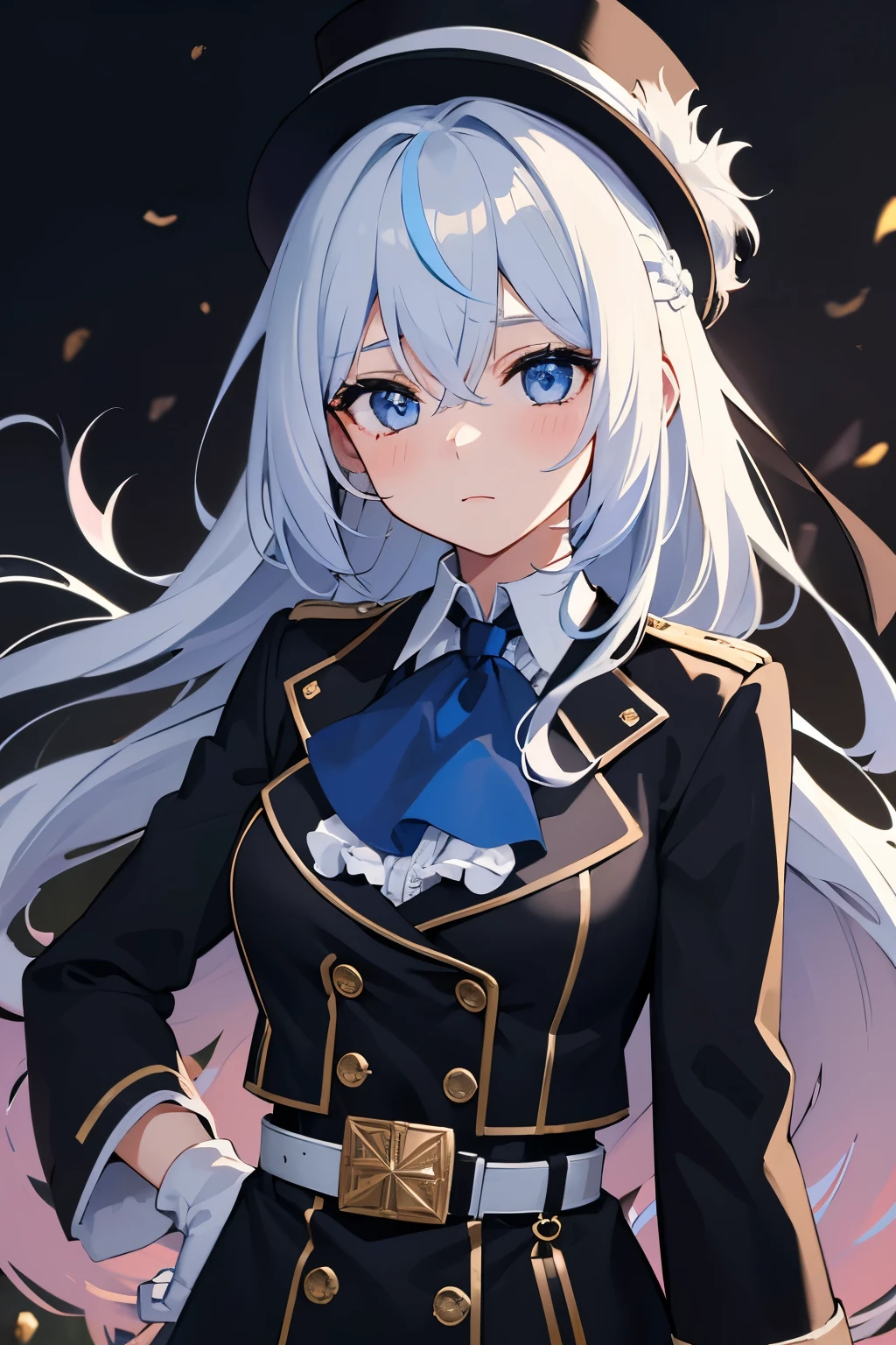 1girl, solo, long hair, breasts, looking at viewer, blush, bangs, blue eyes, large breasts, shirt, gloves, long sleeves, hat, hair between eyes, jewelry, closed mouth, blue hair, jacket, white shirt, upper body, white hair, grey hair, multicolored hair, outdoors, frills, black gloves, belt, medium hair, blurry, two-tone hair, streaked hair, coat, black jacket, ascot, black headwear, blurry background, brooch, gem, buckle, black belt, black coat, top hat