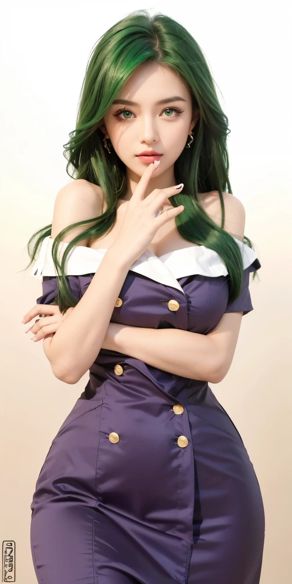 Masterpiece, top quality, ruined Japanese style cityscape in the background, white Nazi SS Militari, 4K manga wallpaper, BLEACH, Exterminator, Shalltear Bloodfallen, badass anime 8 K, gapmoe yandere, yandere, albedo from anime Overlord, creepy smile, crazy laugh, fished out laughter at the corners of the mouth, green hair long hair, white miniskirt, white sleeveless military uniform, Holding nothing in hands, white pleated skirt, belt, heart buckle, heart-shaped buckle, lightning effect, countless thunder, countless lightning, soul world, Bambietta buster vine, open chest clothes, big, cleavage,