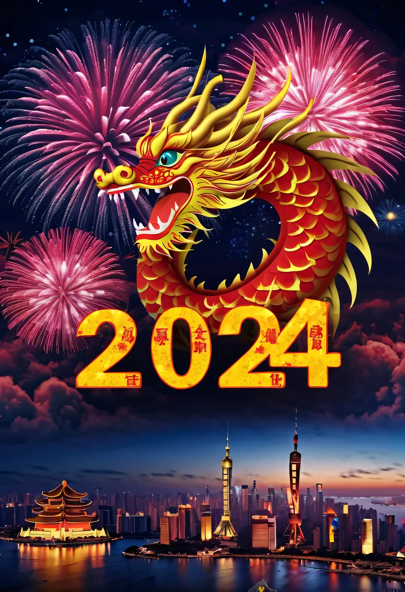 Holiday poster:(2024,new year poster),(new year&#39;New Year&#39;s Eve 2024), (fire works:1.2), nigh sky,chinesedragon,