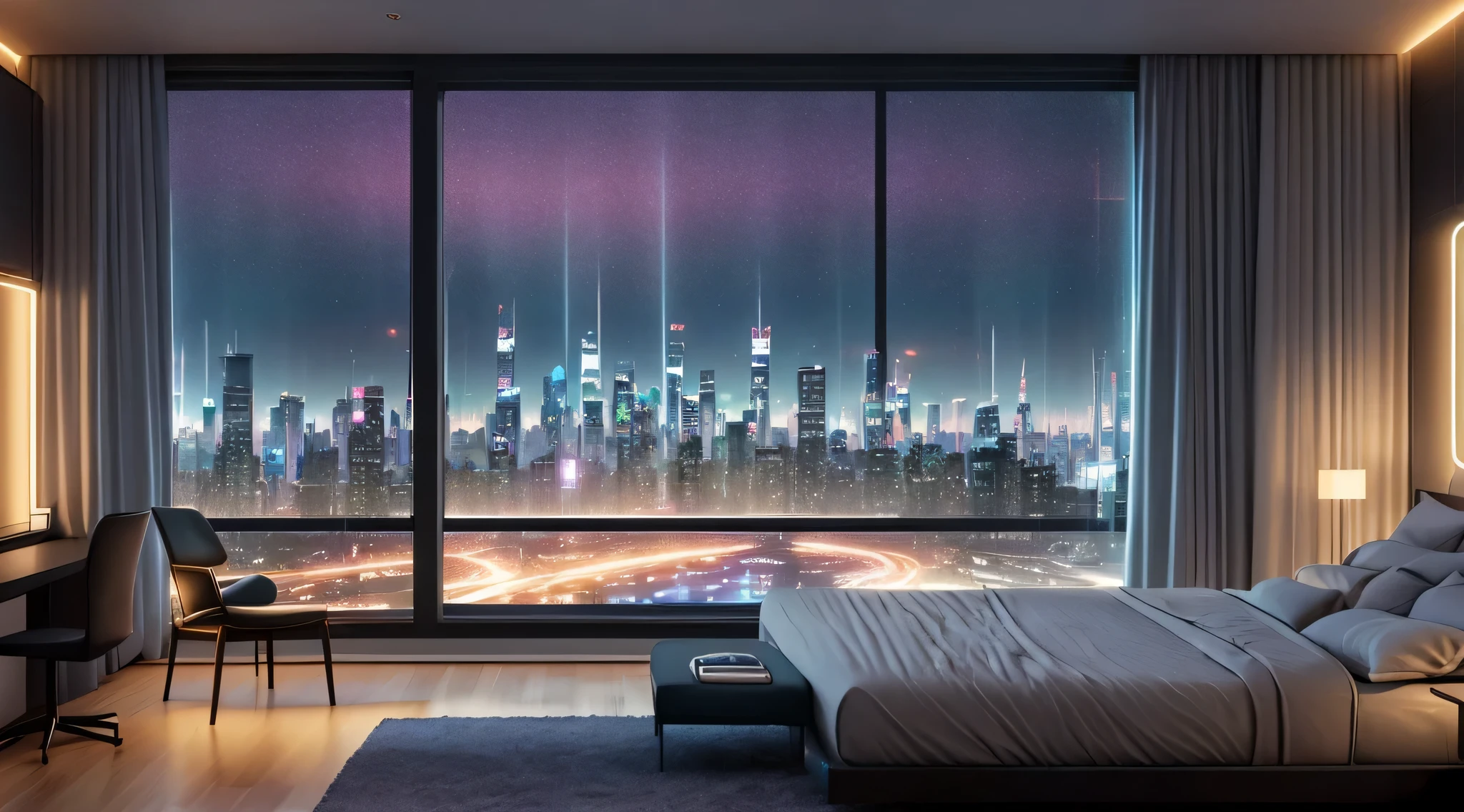 a view of a bedroom with a large window and a city skyline, cyberpunk bedroom at night, futuristic decoration, overlooking a modern city, photo from 2022, vfx powers at night in the city, futuristic room, ethereal starlit city at sunset, city views, in a cyberpunk themed room, cityscape in the window, night time city background, wide shot