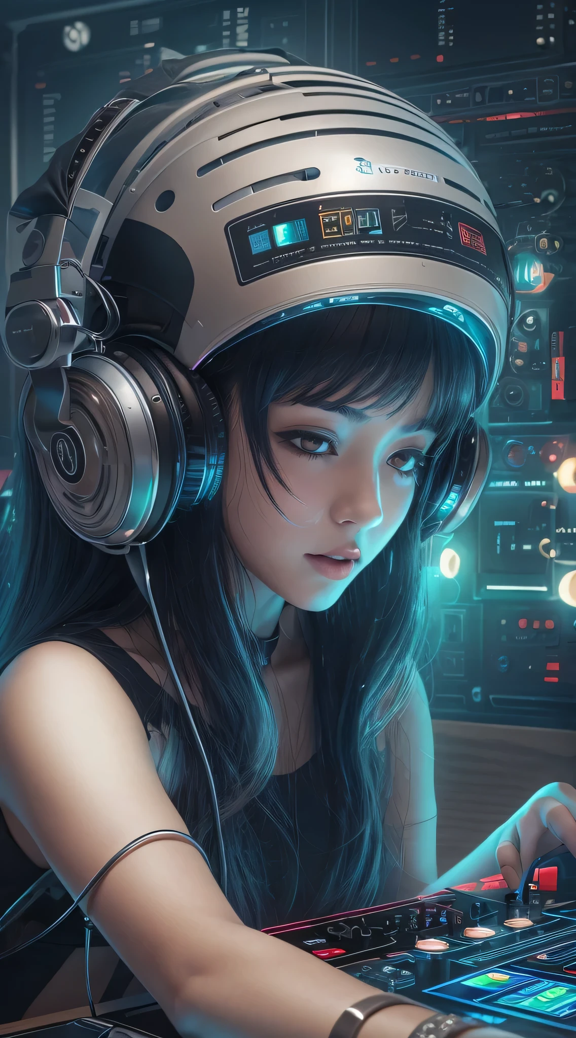 A young female DJ wearing a vinyl record player at a sci-fi DJ table，（Upper part of the body）, look at the crowd，Cybernetics augment a highly detailed future on stage，She wears futuristic outfits，Wear double-sided hearing aid headphones，She wears a Rosotto hat on her head，Laugh excitedly，The body sways to the music，dynamic viewing angle，