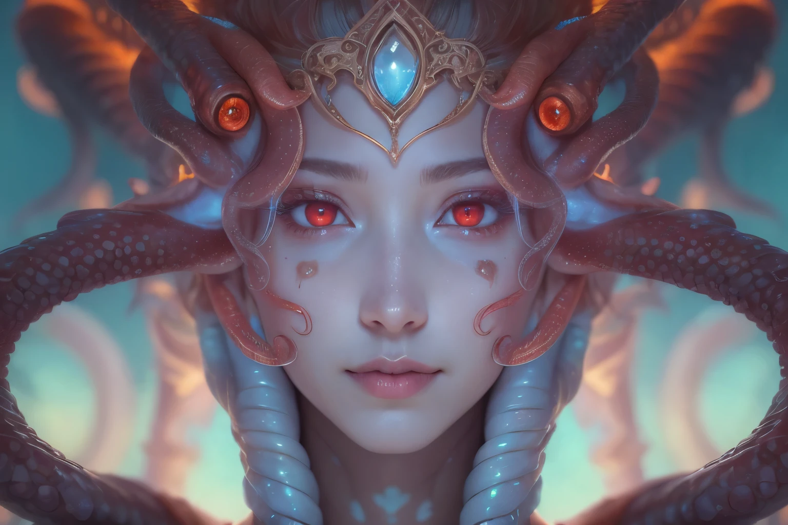 Portrait, (beautiful female alien:1.2), (she has red eyes with no pupils:1.8), (Translucent skin:1.7), (There is a female genital-like organ in the middle of the forehead.:1.9), (The most beautiful face in the history of the universe:1.2),an evil gaze that seduces, (large mouth:1.1), (sharp teeth like a vampire:1.2), Full body like, (bio luminescent:1.5), (Smile wickedly:1.3), (sexypose:1.5), alien, No humans, cells are fused, (Lots of translucent tentacles:1.3) extraterrestrial, cell, bio image, Best Quality, 8K,4K_quality, High Definition, Dramatic Lighting, masutepiece:1.5,cinematic quality, detail up, (Intricate details:1.2), High resolution, High Definition, drawing faithfully, (Thick eyebrows:1.2), Beautiful eyes with fine symmetry,(Highly detailed face and eyes:1.2), Intimate face, (Super detailed skin quality feeling:1.4), Perfect Anatomy, (Beautiful toned body:1.5), (Moist skin:1.2), No makeup, (dark circles:1.1), long canines, cinematic drawing of characters, ultra high quality model, cinematic quality, detail up, (Intricate details:1.2), High resolution, High Definition, drawing faithfully, Official art, Unity 8K wall , 8K Portrait, Best Quality, Very High resolution, ultra detailed artistic photography, midnight aura, unreal enginee 5, Ultra Sharp Focus, art by alberto seveso, ArtGerm, Roisch, intricate artwork, best quality, masutepiece, ultra High resolution, (photos realistic:1.4), Ultra-realistic realism, dream-like, nautilus, Creation of fantasy, Snail, Dream Snail, biopunk nautilus, Thrilling color schemes, Ultra-realistic realism, seductively smiling, Blue tentacles,