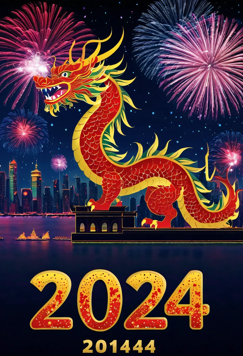 Holiday poster:(2024,new year poster),(new year&#39;New Year&#39;s Eve 2024), (fire works:1.2), nigh sky,chinesedragon,