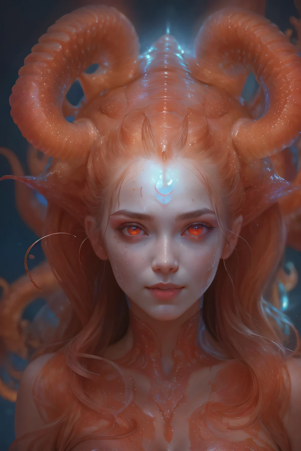 Portrait, (beautiful female alien:1.2), (There is a female genital-like organ in the middle of the forehead:1.8), (The most beautiful face in the history of the universe:1.2), (scarlet eyes:1.6), (Translucent skin:1.8), an evil gaze that seduces, (red eyes:1.5), (large mouth:1.1), sharp teeth like a shark, Full body like, (bio luminescent:1.2), (Smile wickedly:1.3), (sexypose:1.5), alien, No humans, cells are fused, (Lots of translucent tentacles:1.1) (Translucent skin:1.3), extraterrestrial, cell, bio image, Best Quality, 8K,4K_quality, High Definition, Dramatic Lighting, masutepiece:1.5,cinematic quality, detail up, (Intricate details:1.2), High resolution, High Definition, drawing faithfully, (Thick eyebrows:1.2), Beautiful eyes with fine symmetry, (Ultra detailed eyes:1.2),(Highly detailed face and eyes:1.2), (High-resolution red-eye:1.4), Intimate face, (Super detailed skin quality feeling:1.4), Perfect Anatomy, (Beautiful toned body:1.5), (Moist skin:1.2), No makeup, (dark circles:1.1), long canines, cinematic drawing of characters, ultra high quality model, cinematic quality, detail up, (Intricate details:1.2), High resolution, High Definition, drawing faithfully, Official art, Unity 8K wall , 8K Portrait, Best Quality, Very High resolution, ultra detailed artistic photography, midnight aura, unreal enginee 5, Ultra Sharp Focus, art by alberto seveso, ArtGerm, Roisch, intricate artwork, best quality, masutepiece, ultra High resolution, (photos realistic:1.4), Ultra-realistic realism, dream-like, nautilus, Creation of fantasy, Snail, Dream Snail, biopunk nautilus, Thrilling color schemes, Ultra-realistic realism, seductively smiling, Blue tentacles