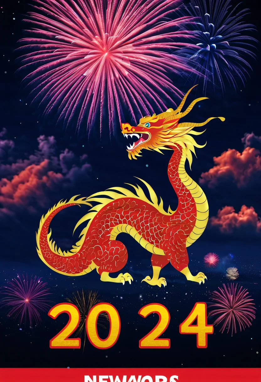Holiday poster:(2024,new year poster),(new year'New Year's Eve 2024), (fire works:1.2), nigh sky,chinesedragon,