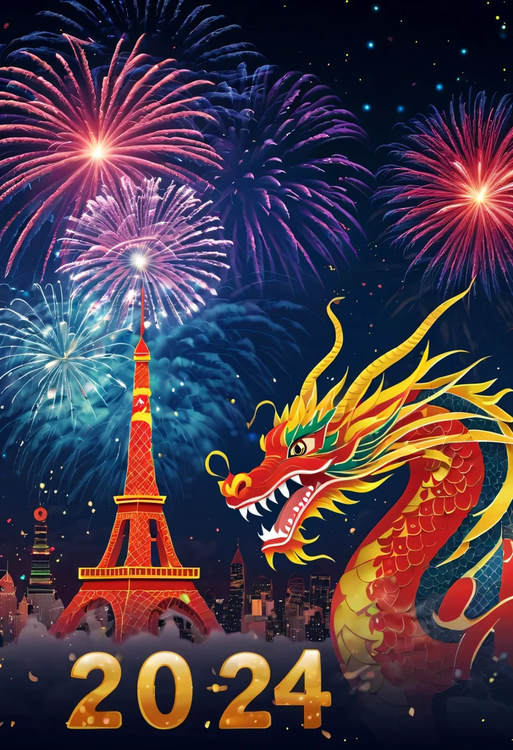 Holiday poster:(2024,new year poster),(new year'New Year's Eve 2024), (fire works:1.2), nigh sky,chinesedragon,