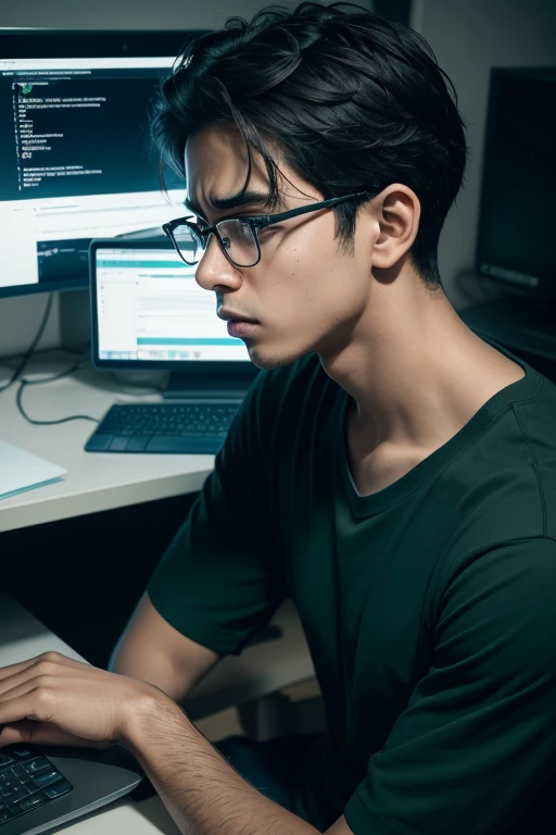 1boy, sitting, close up, brown skin, programmer, glasses, stressed, frustated, very scared, very worried, candid, in computer desk, black eyes, blue shirt, dark green garage, high res, ultrasharp, 8K, masterpiece