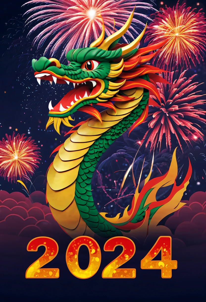 Holiday poster:(2024,new year poster),(new year&#39;New Year&#39;s Eve 2024), (fire works:1.2), nigh sky,chinesedragon,