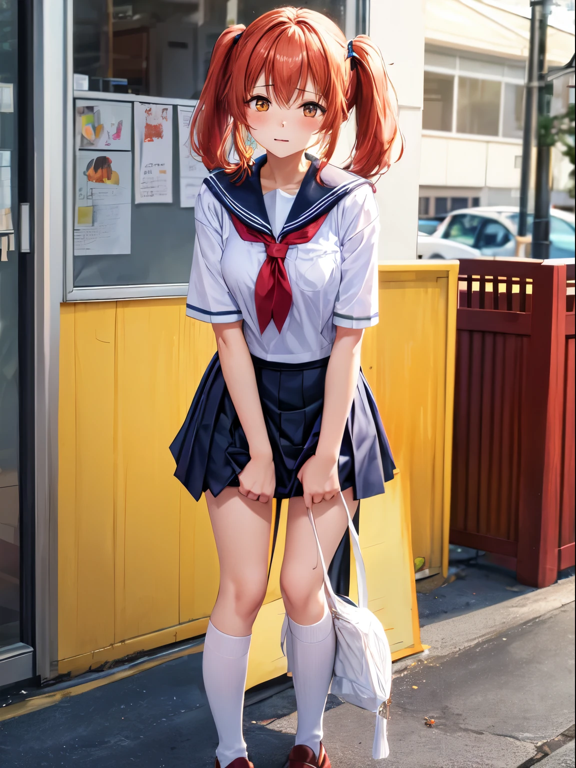 独奏, 1girl in, masterpiece, top-quality, skirt by the,、red eyes, hair between eye, poneyTail, student clothes, is standing, white shirt, panthyhose, Red-haired, プリーツskirt by the, neck tie, shoe, Sailor Fuku, tusk, orange color hair, 青いskirt by the, Orange eyes, 黒いpanthyhose, Pee、Pee、Urge to urinate、Inner Stock、I'm slow、shame、embarrassed from、Teary-eyed