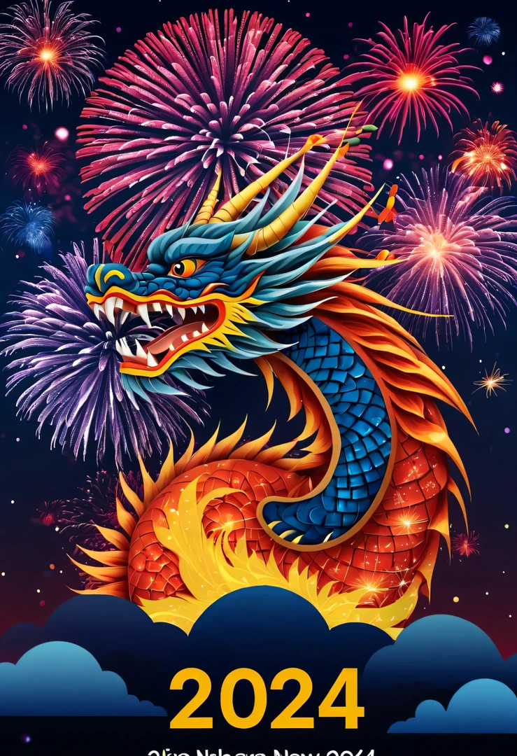 Holiday poster:(2024,new year poster),(new year&#39;New Year&#39;s Eve 2024), (fire works:1.2), nigh sky,chinesedragon,