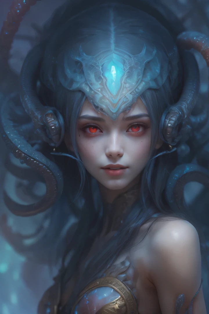 Portrait, (beautiful female alien:1.2), (she has red eyes with no pupils:1.8), (Translucent skin:1.7), (There is a female genital-like organ in the middle of the forehead.:1.9), (The most beautiful face in the history of the universe:1.2),an evil gaze that seduces, (large mouth:1.1), (sharp teeth like a vampire:1.2), Full body like, (bio luminescent:1.5), (Smile wickedly:1.3), (sexypose:1.5), alien, No humans, cells are fused, (Lots of translucent tentacles:1.3) extraterrestrial, cell, bio image, Best Quality, 8K,4K_quality, High Definition, Dramatic Lighting, masutepiece:1.5,cinematic quality, detail up, (Intricate details:1.2), High resolution, High Definition, drawing faithfully, (Thick eyebrows:1.2), Beautiful eyes with fine symmetry,(Highly detailed face and eyes:1.2), Intimate face, (Super detailed skin quality feeling:1.4), Perfect Anatomy, (Beautiful toned body:1.5), (Moist skin:1.2), No makeup, (dark circles:1.1), long canines, cinematic drawing of characters, ultra high quality model, cinematic quality, detail up, (Intricate details:1.2), High resolution, High Definition, drawing faithfully, Official art, Unity 8K wall , 8K Portrait, Best Quality, Very High resolution, ultra detailed artistic photography, midnight aura, unreal enginee 5, Ultra Sharp Focus, art by alberto seveso, ArtGerm, Roisch, intricate artwork, best quality, masutepiece, ultra High resolution, (photos realistic:1.4), Ultra-realistic realism, dream-like, nautilus, Creation of fantasy, Snail, Dream Snail, biopunk nautilus, Thrilling color schemes, Ultra-realistic realism, seductively smiling, Blue tentacles,