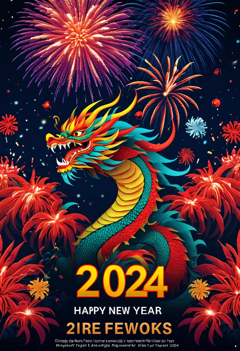 Holiday poster:(2024,new year poster),(new year&#39;New Year&#39;s Eve 2024), (fire works:1.2), nigh sky,chinesedragon,