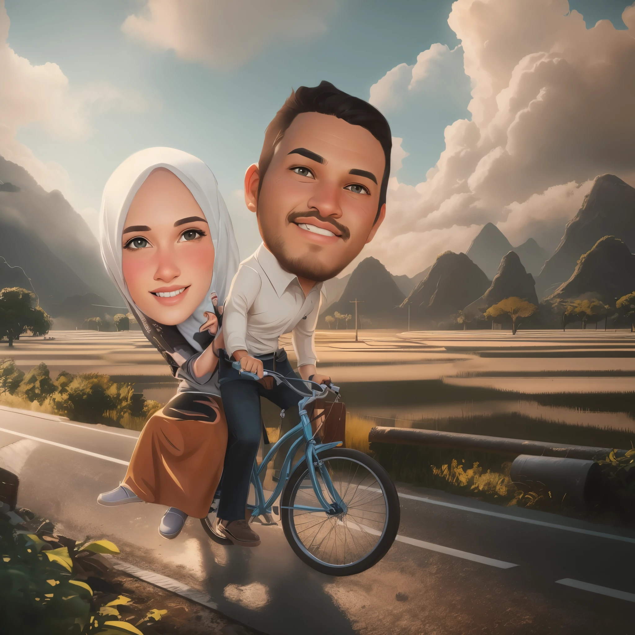 cartoon caricature of a couple riding a bicycle on a country road, The woman in the back is wearing a hijab, Man wearing cloth pants, black hair,, caricature illustration, digital art cartoon, cartoon digital art, caricature!!!, cartoon digital painting, caricature style, realism artstyle, caricature, digital cartoon painting art, cartoon art, cartoon art style, in cartoon style, photorealistic!!!!!!! art style, potrait, cartoon style illustration, 3d, realistic, hipperrealism, detail, 8k