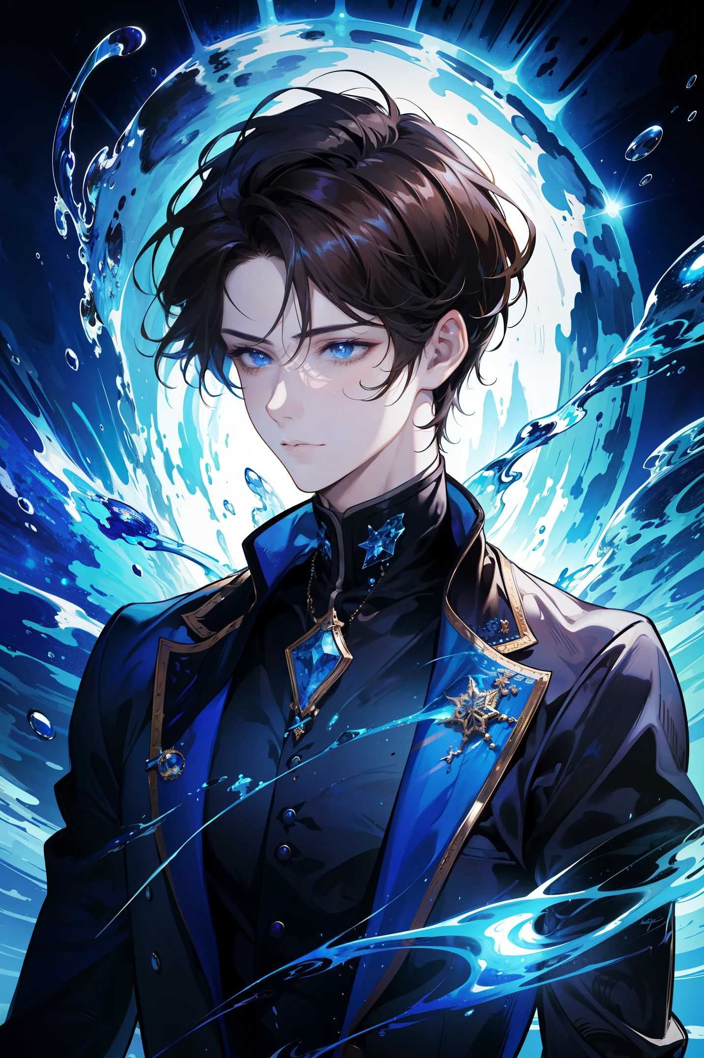 (ultra detailed, absurdres, highres), 1 male, , handsome, detailed eyes, detailed face, detailed wavy brown hair, short hair, fantasy, magic effect, water, surreal lighting, vibrant colors, dynamic pose, floating, mysterious background, half body,