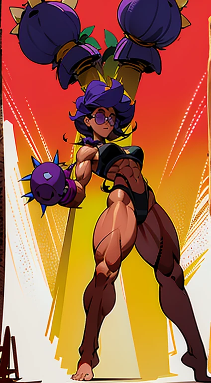Full body, desnudo, Pose de lucha, dinamic poses, Female character design sheet., piel bronceada, muscular, Pecho grande, gafas, cabello exuberante, purple hair, Pelo de cola de caballo, boxeo femenino, pink boxing gloves with spikes, mochila morada, estilo pelea estrellas