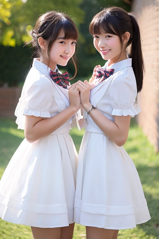 2 girls standing in school yard,white ruffled dress,plaid bow tie,18-year-old,bangs,a little smiles,thighs,knees,ponytail,from below